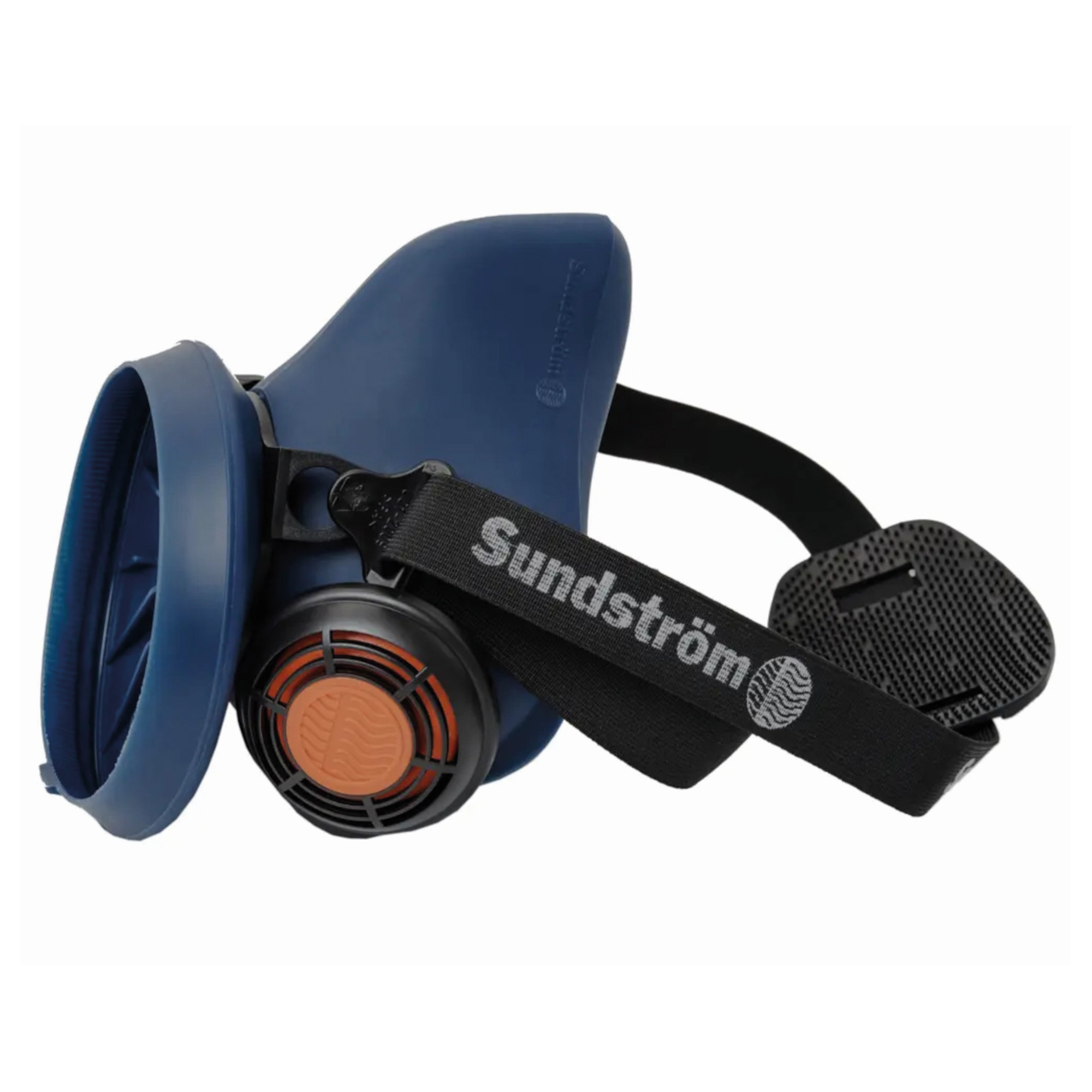 Blaue Sundström Halbmaske mit Ausatemventil, Filteranschluss und schwarzem Kopfband