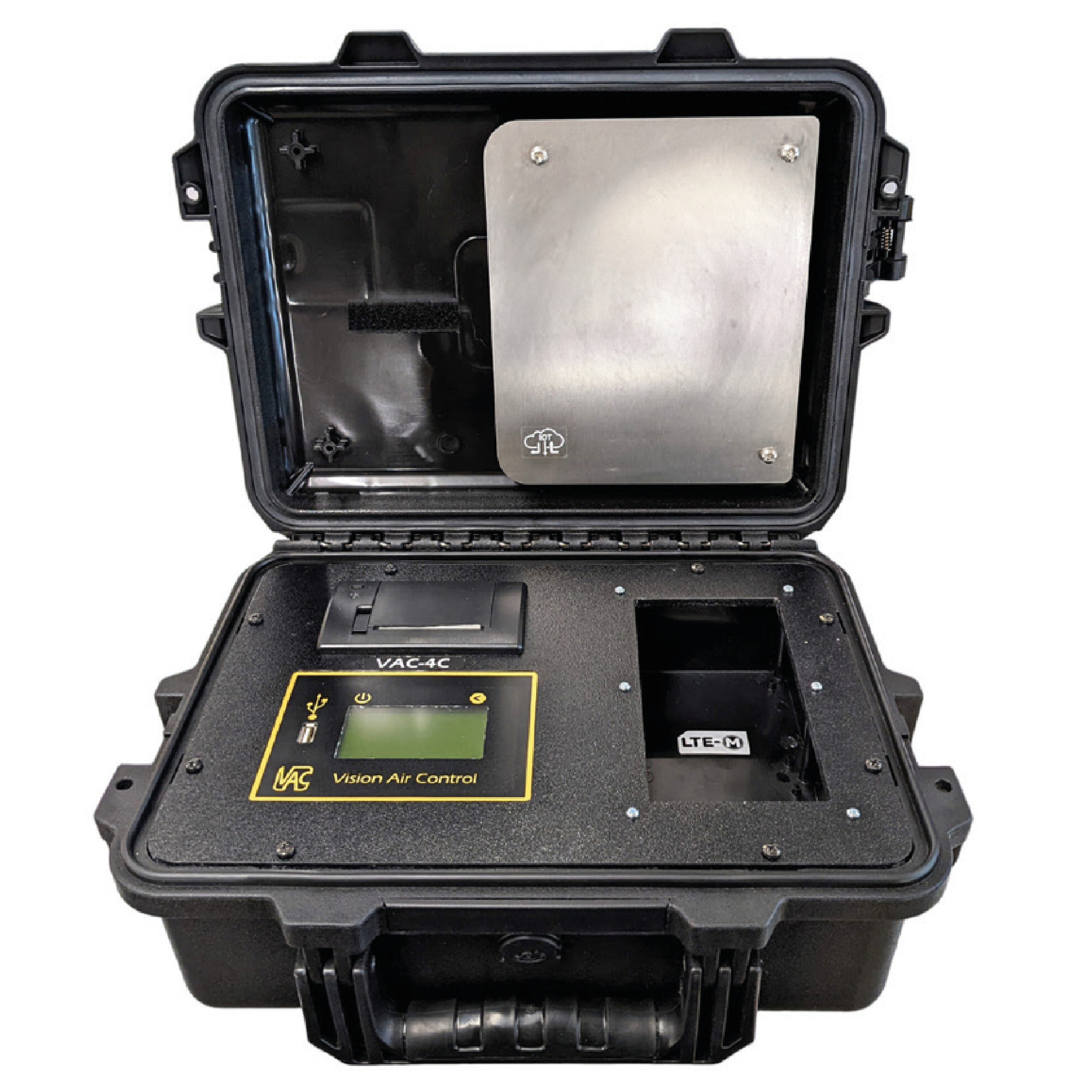 Ein schwarzer Koffer ist geöffnet und zeigt eine elektronische Steuerungseinheit mit einem LCD-Display und verschiedenen Bedienelementen. Die Innenseite des Koffers enthält eine Edelstahlplatte und spezielle Fächer für Zubehör. Die Beschriftung "VAC-4C" und "Vision Air Control" ist sichtbar.