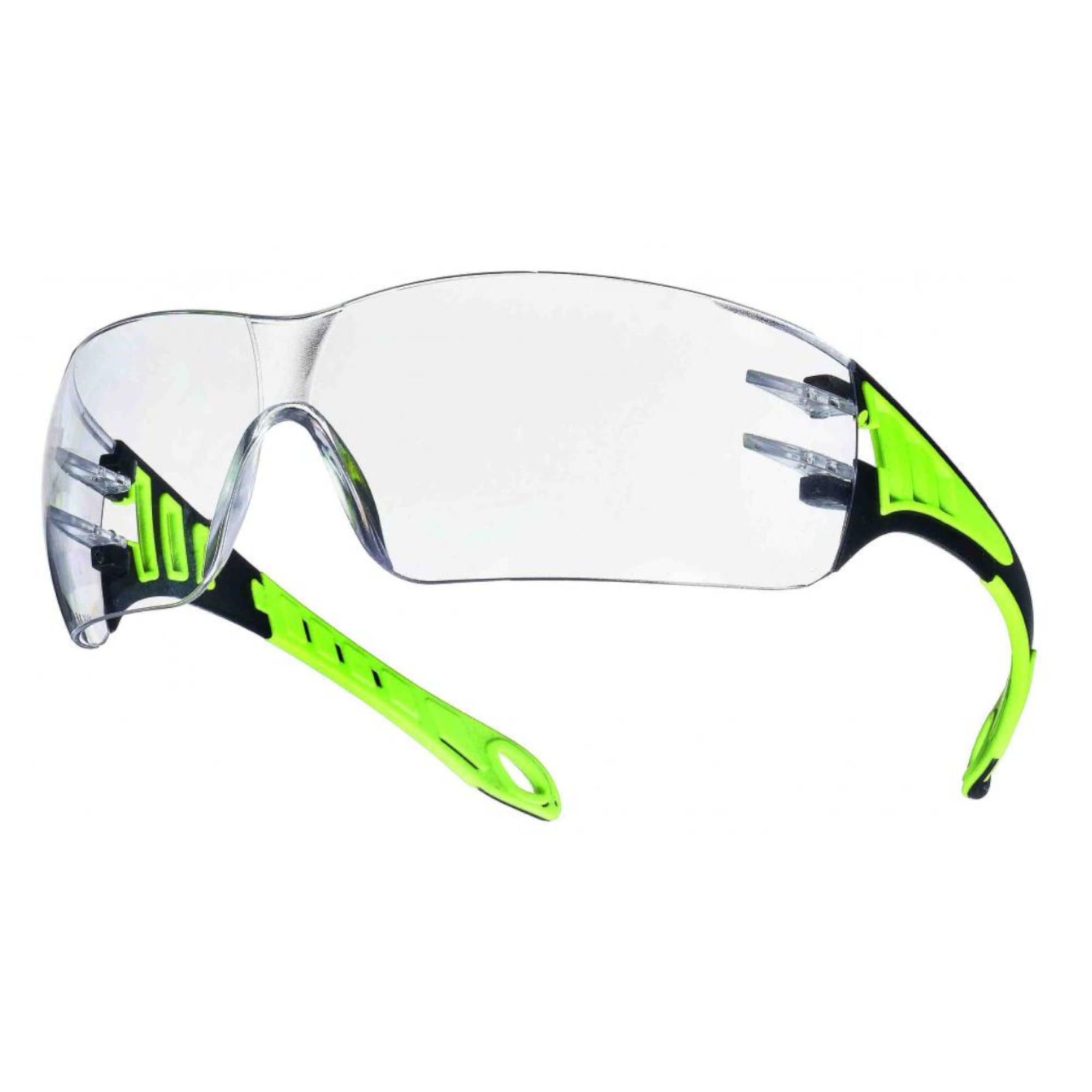Transparente Schutzbrille mit grün-schwarzem Rahmen und Grünen ergonomischen Bügeln