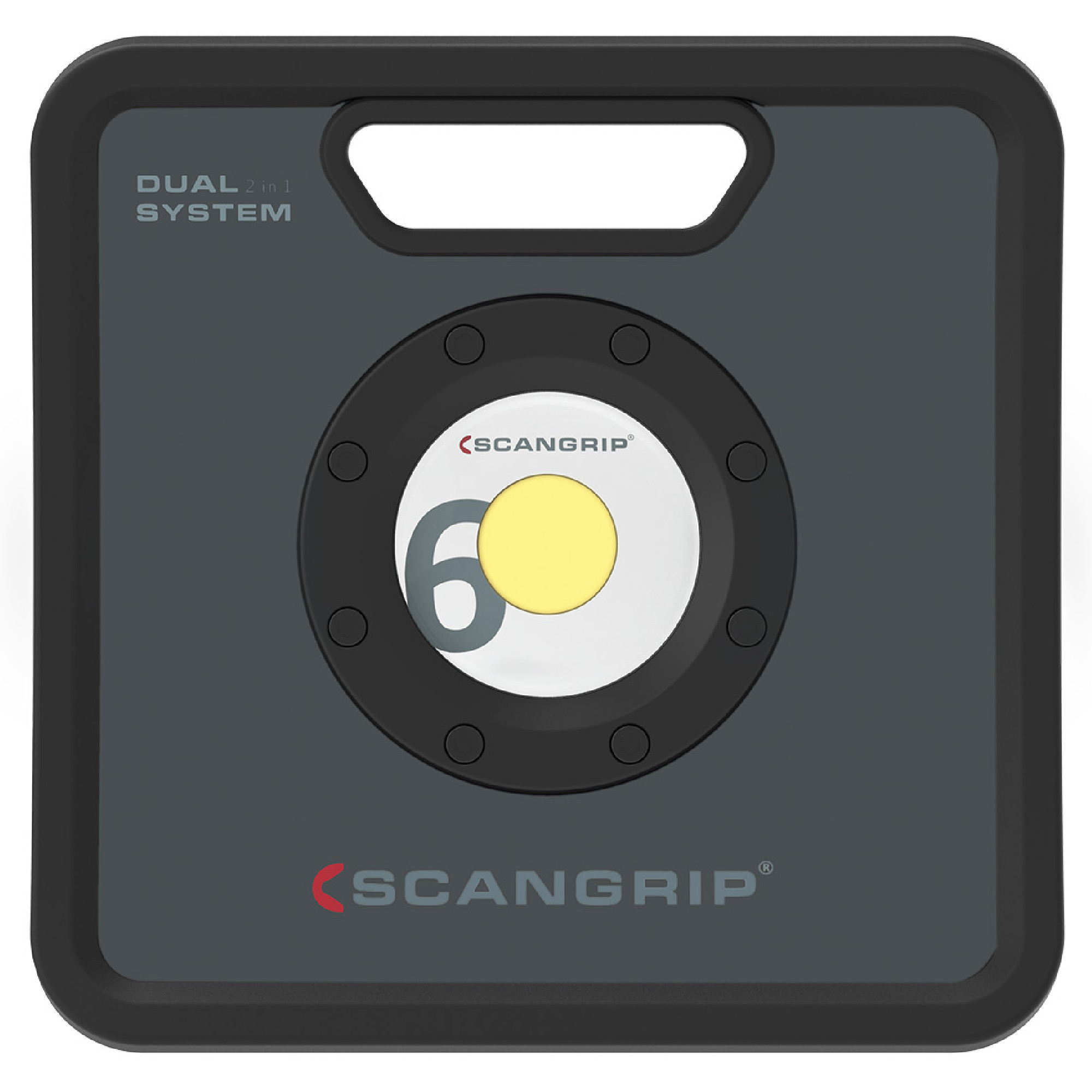 Quadratischer Scangrip LED-Baustrahler „Dual 2 in 1 System“-Schriftzug