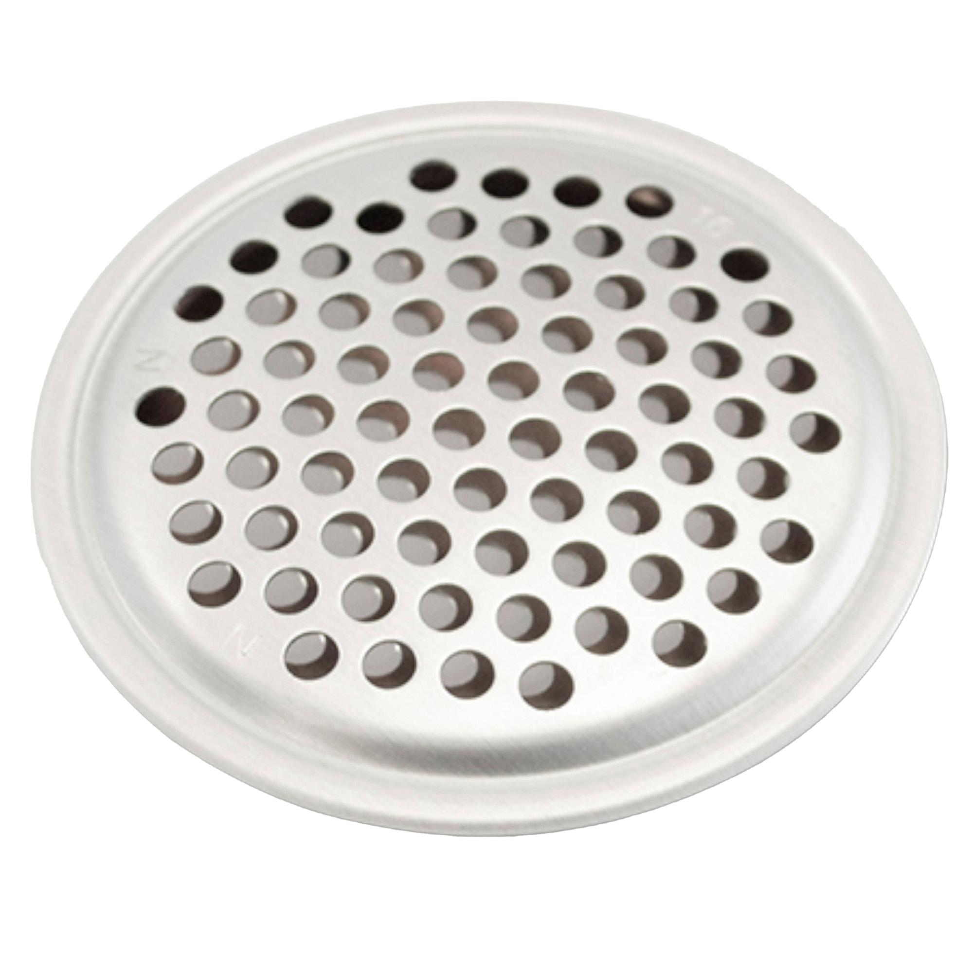 Ein runder, metallischer Abflussgitter mit vielen kleinen Löchern. Es dient dazu, Wasser abzuleiten und das Eindringen von größeren Gegenständen zu verhindern. Das Gitter hat einen leicht erhöhten Rand.