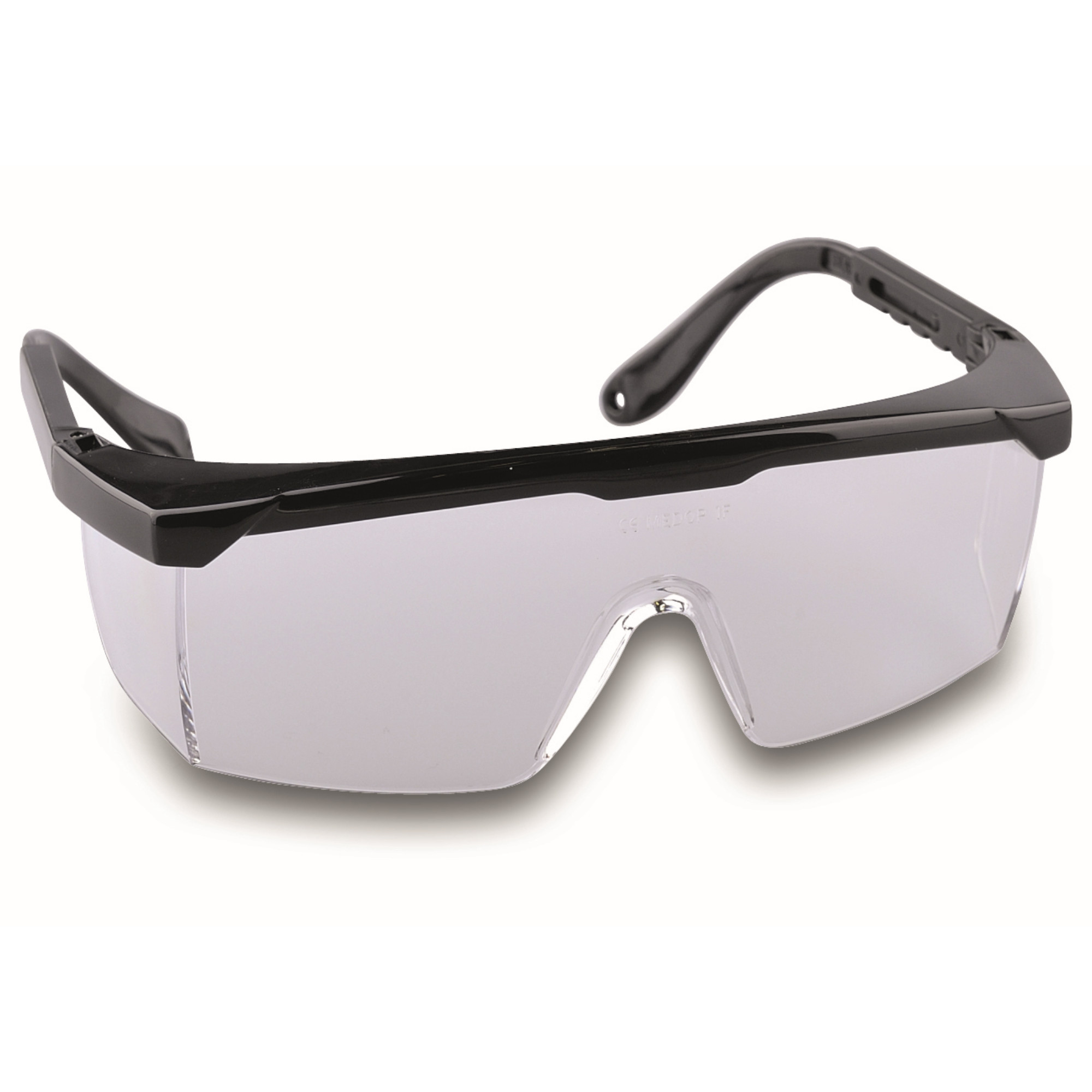 Eine schwarze Schutzbrille mit durchsichtigen Gläsern, die einen sportlichen, modernen Look hat. Die Brille ist so gestaltet, dass sie einen guten Schutz bietet und eine enge Passform hat. Ideal für den Einsatz in der Industrie oder bei Sportaktivitäten.
