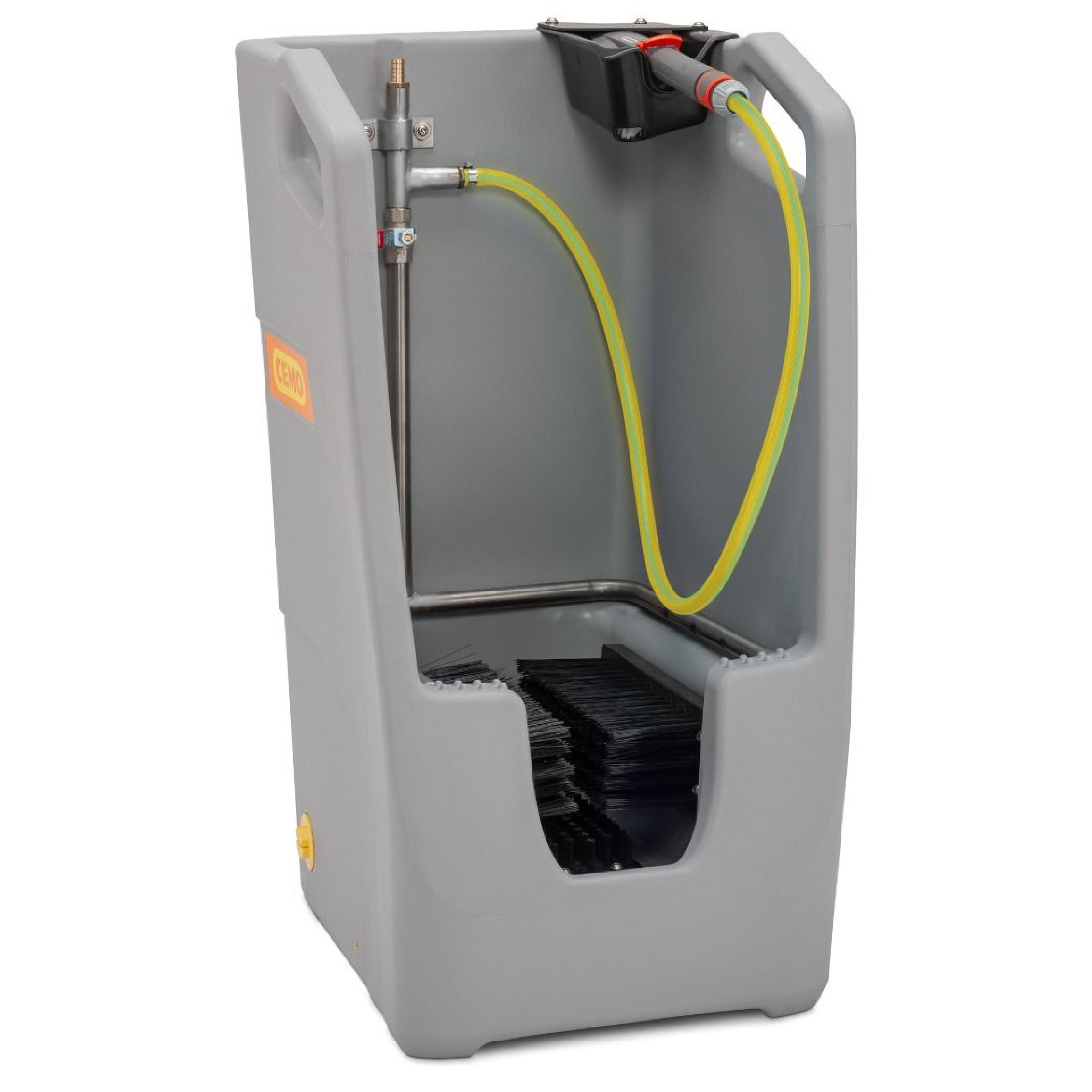 Graue Reinigungsstation mit einem Schlauchsystem, das an eine Sprühvorrichtung angeschlossen ist. Auf der Vorderseite befinden sich Bürsten, die für die Reinigung verwendet werden können. Die Station ist robust und ideal für den Einsatz in verschiedenen Reinigungsanwendungen.