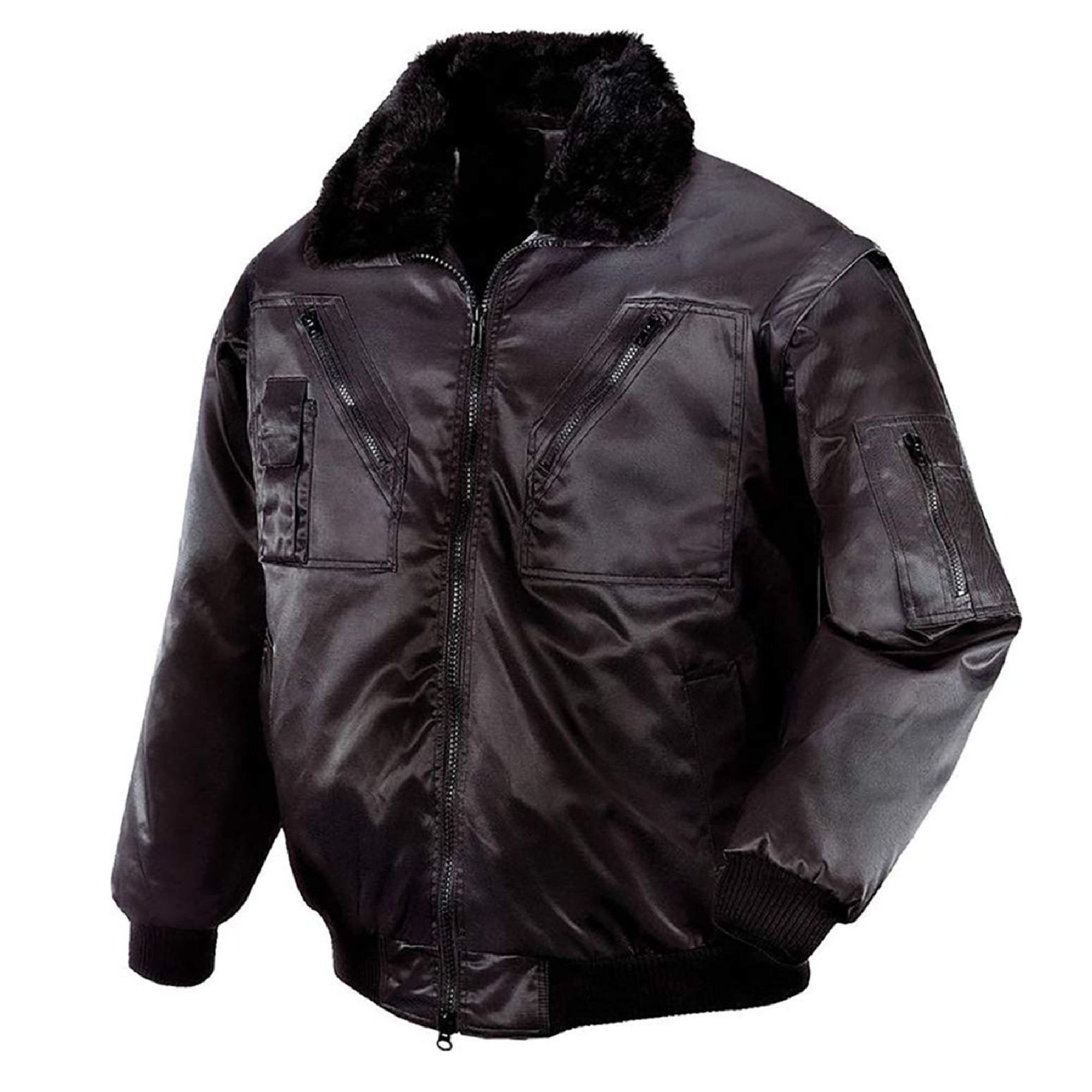 Eine schwarze winterliche Jacke mit einem Kragen aus Kunstfell und mehreren Reißverschlusstaschen auf der Vorderseite. Die Jacke hat Bündchen an den Ärmeln und einen durchgängigen Reißverschluss. Sie ist aus glänzendem Material gefertigt und wirkt warm und robust.