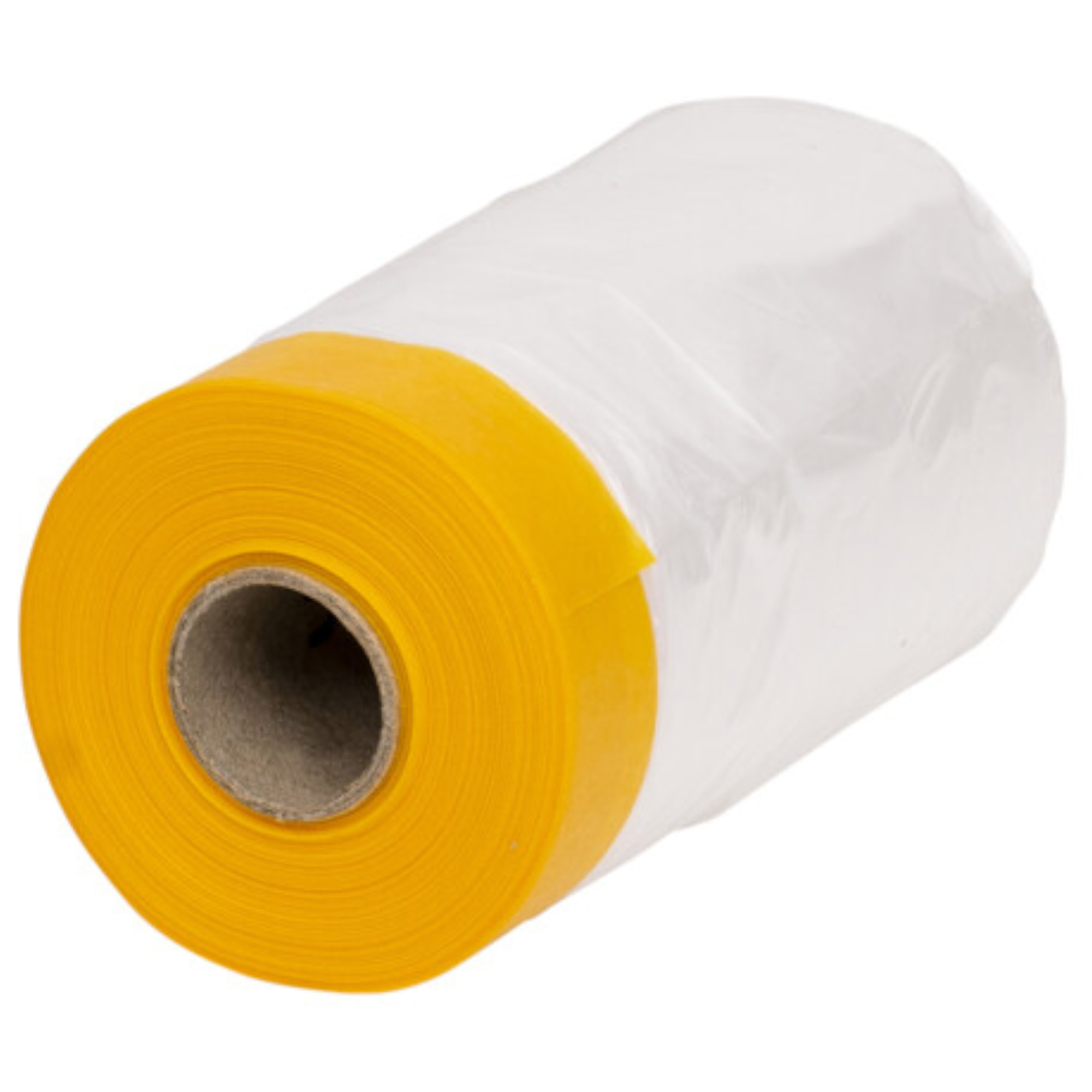 Rolle Kreppband mit integrierter Folie, beigees Klebeband mit transparenter Folie, Seitenansicht auf weißem Hintergrund