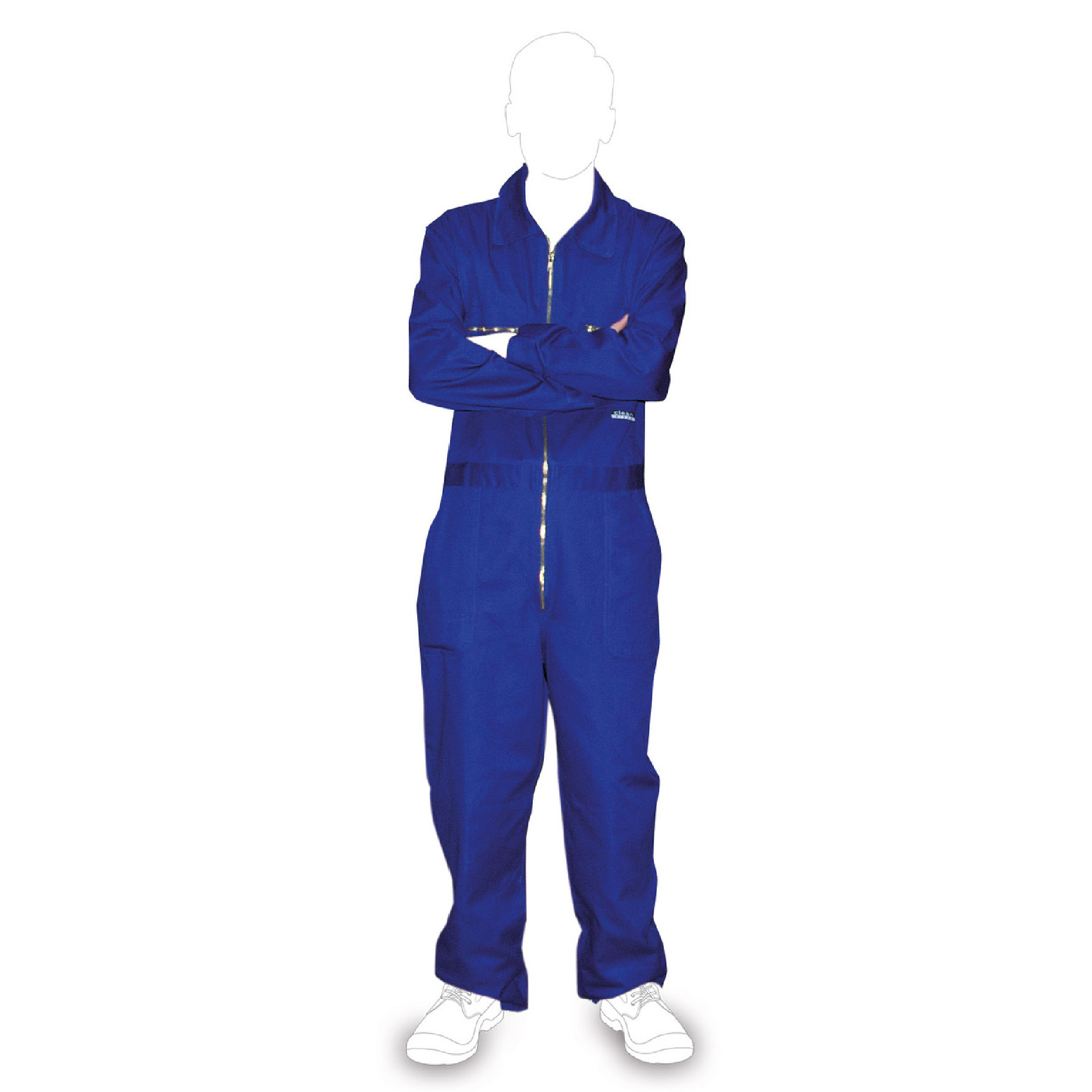 Eine Person trägt einen blauen Overall. Die Arme sind verschränkt und die Person steht aufrecht. Der Overall hat einen Reißverschluss und zwei Taschen auf der Vorderseite. Die Schuhe sind weiß. Der Kopf der Person ist nicht sichtbar.