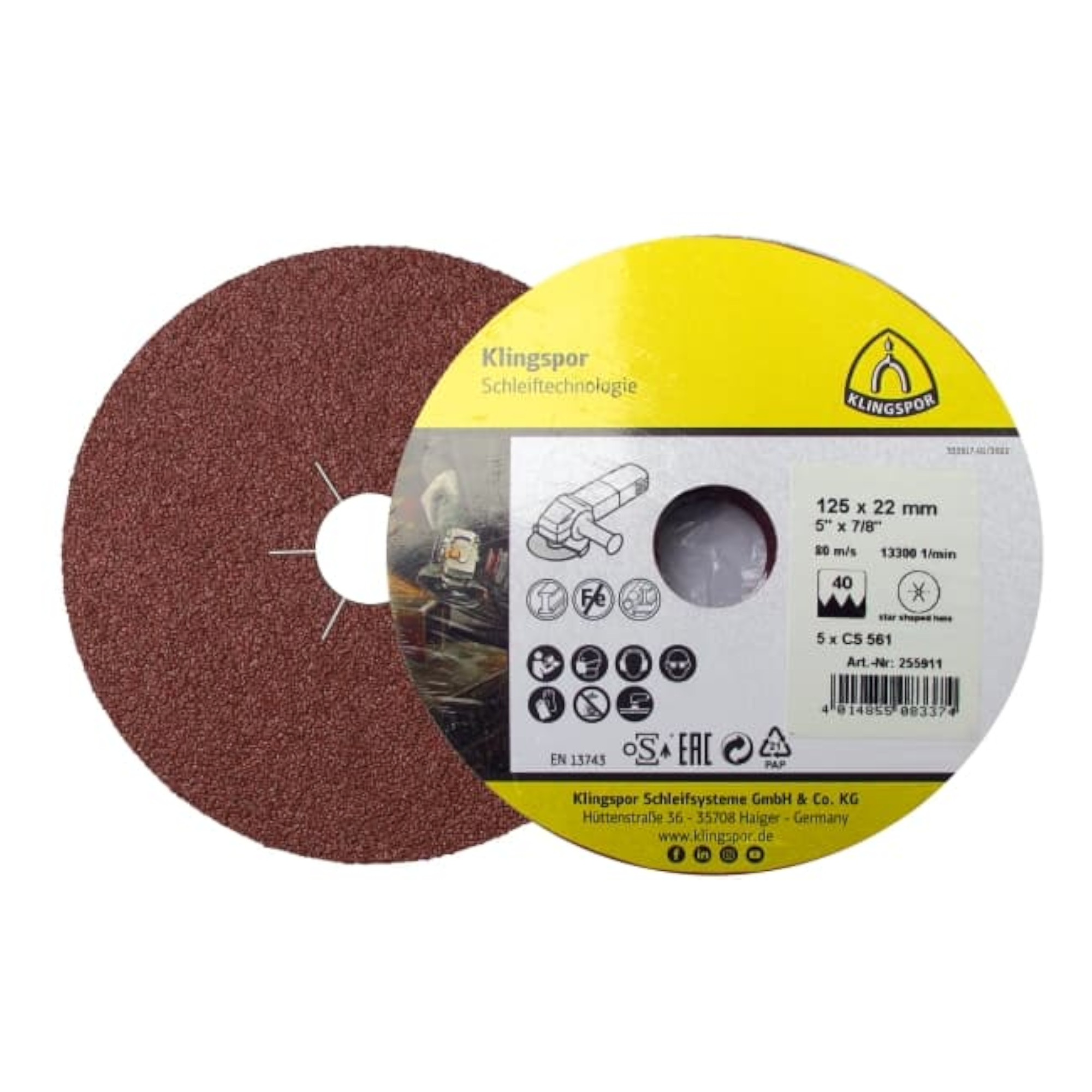 Braune Klingspor Fiberscheibe CS 561 (125 x 22 mm) mit passendem gelben Deckblatt und technischen Details, freigestellt auf weißem Hintergrund.