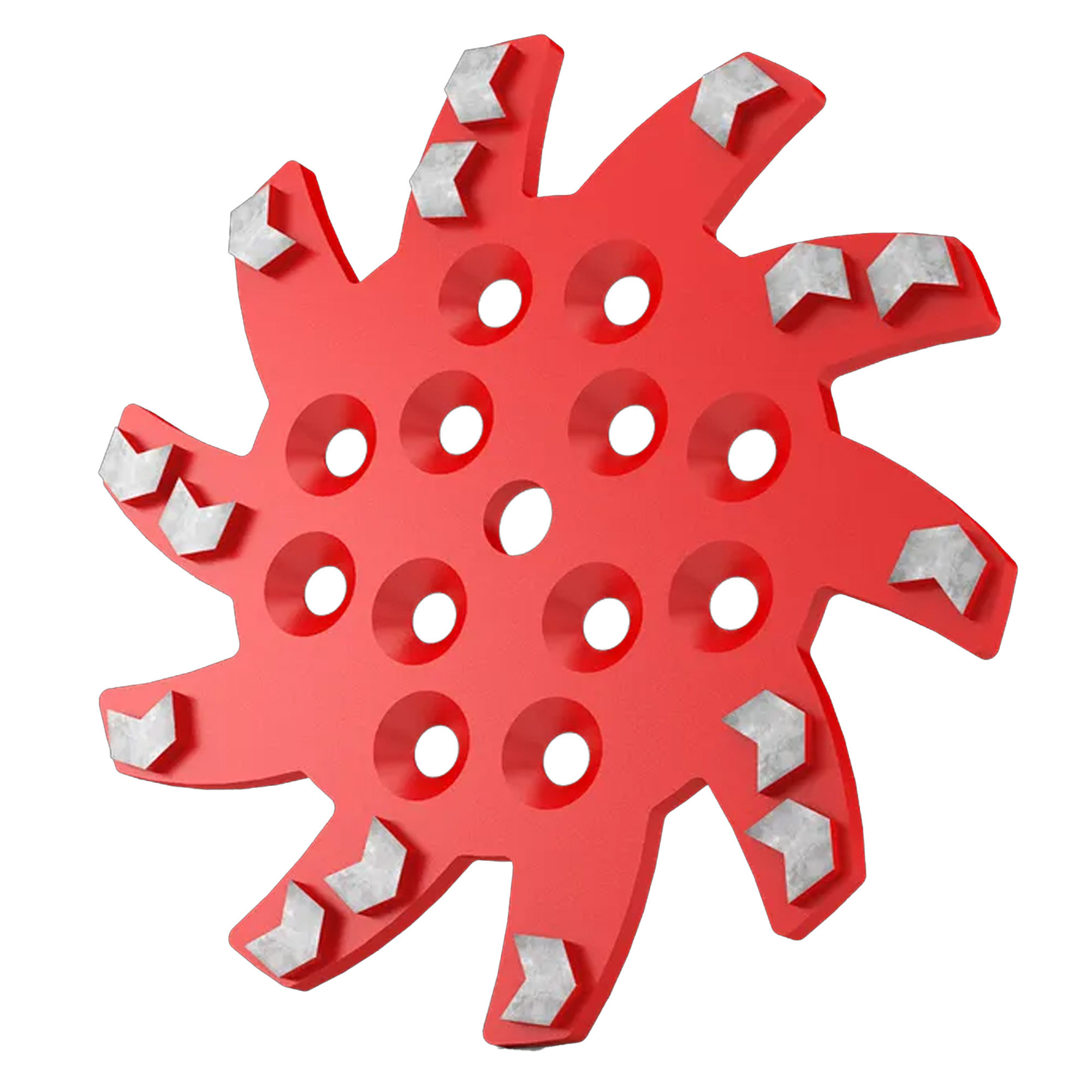 Ein rotes, sternförmiges Werkzeug mit mehreren Löchern in der Mitte und gezackten Kanten. In bestimmten Bereichen befinden sich metallische Teile, die die Schneidefähigkeiten verbessern. Das Design deutet auf eine Verwendung in der Bau- oder Fertigungsindustrie hin.