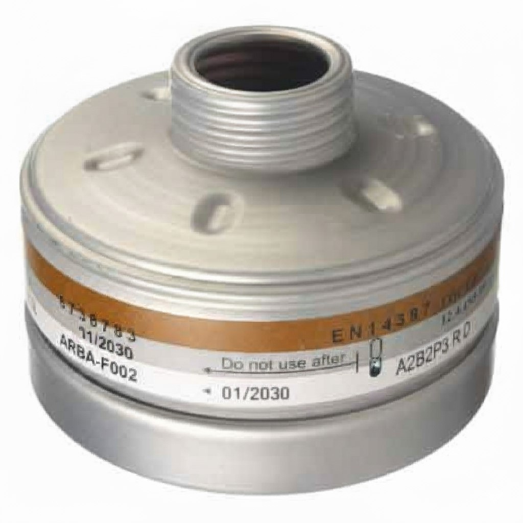 Ein runder, silberner Atemschutzfilter mit einem Schraubgewinde oben. Eine braune Linie verläuft um den oberen Rand des Filters. Auf dem Etikett stehen die Angaben "6736783", "01/2030", "ARBA-F002", "EN14387", "Do not use after" und "A2B2P3 RD". Unten ist "Fabr.-Nr." zu lesen.