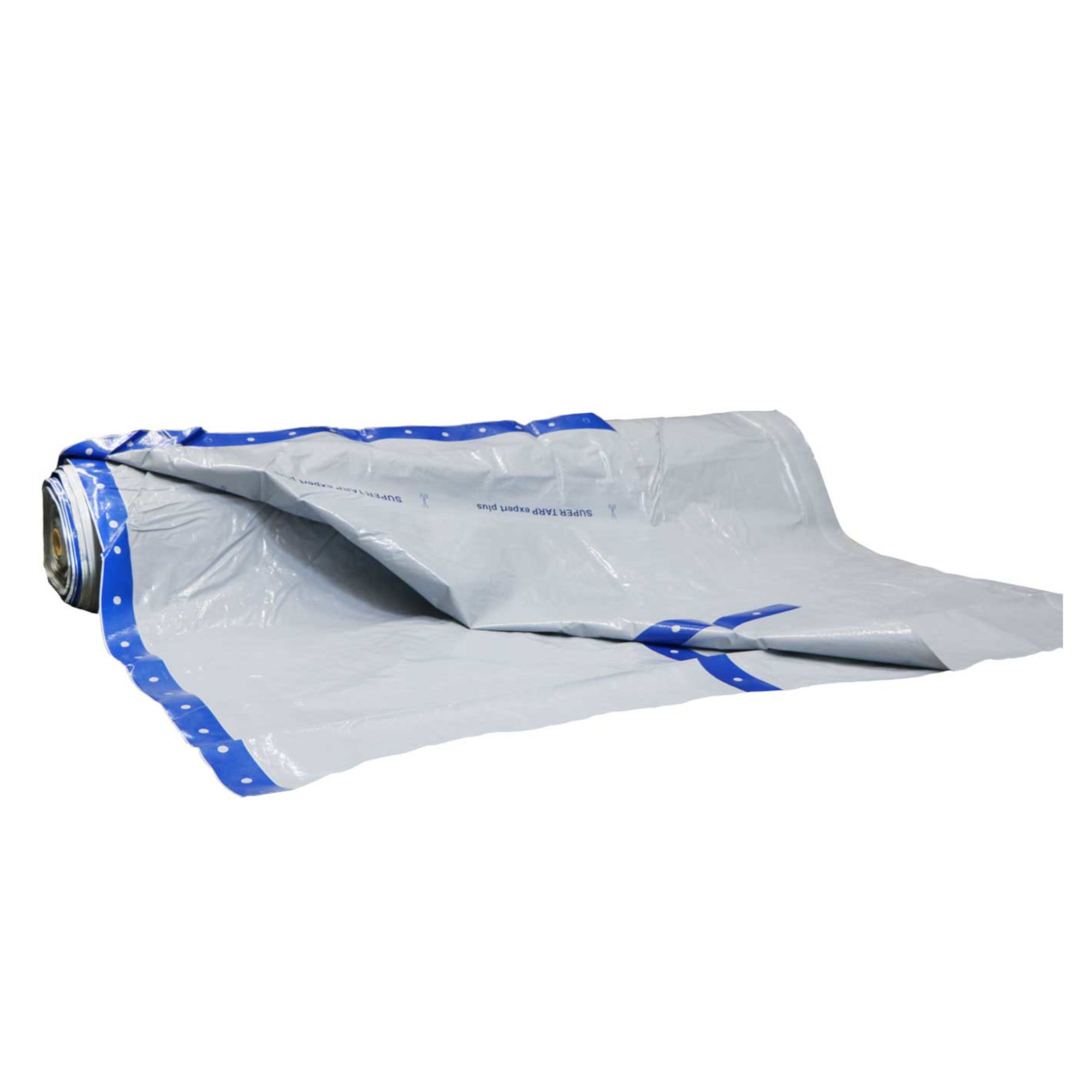 Eine ausgerollte, graue Plastikplane mit blauen Rändern. Die Plane hat eine glatte Oberfläche und ist gefaltet an einem Ende. Sie wird häufig zum Abdecken oder Schutz verwendet, beispielsweise im Bau- oder Gartenbereich.