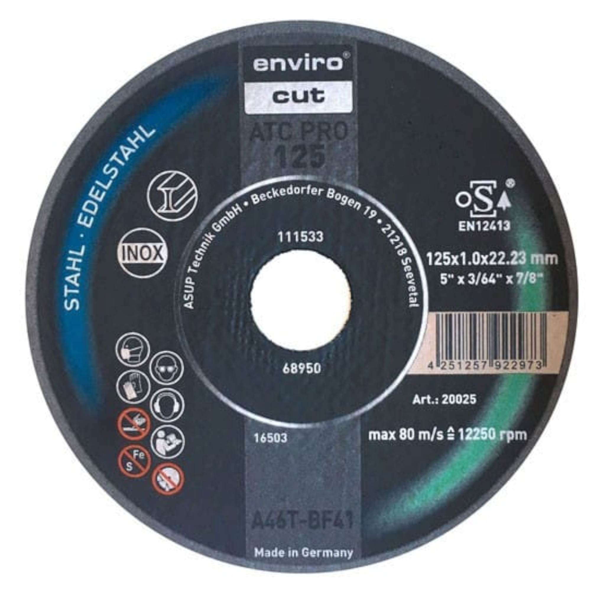 Eine Trennscheibe für Edelstahl, bezeichnet als enviro atc pro 125. Durchmesser 125 mm, Dicke 1 mm, Innenbohrung 22,23 mm. Geeignet für max. 80 m/s bei 12.250 U/min. Die Scheibe ist für professionelle Einsätze in der Metallbearbeitung gedacht.