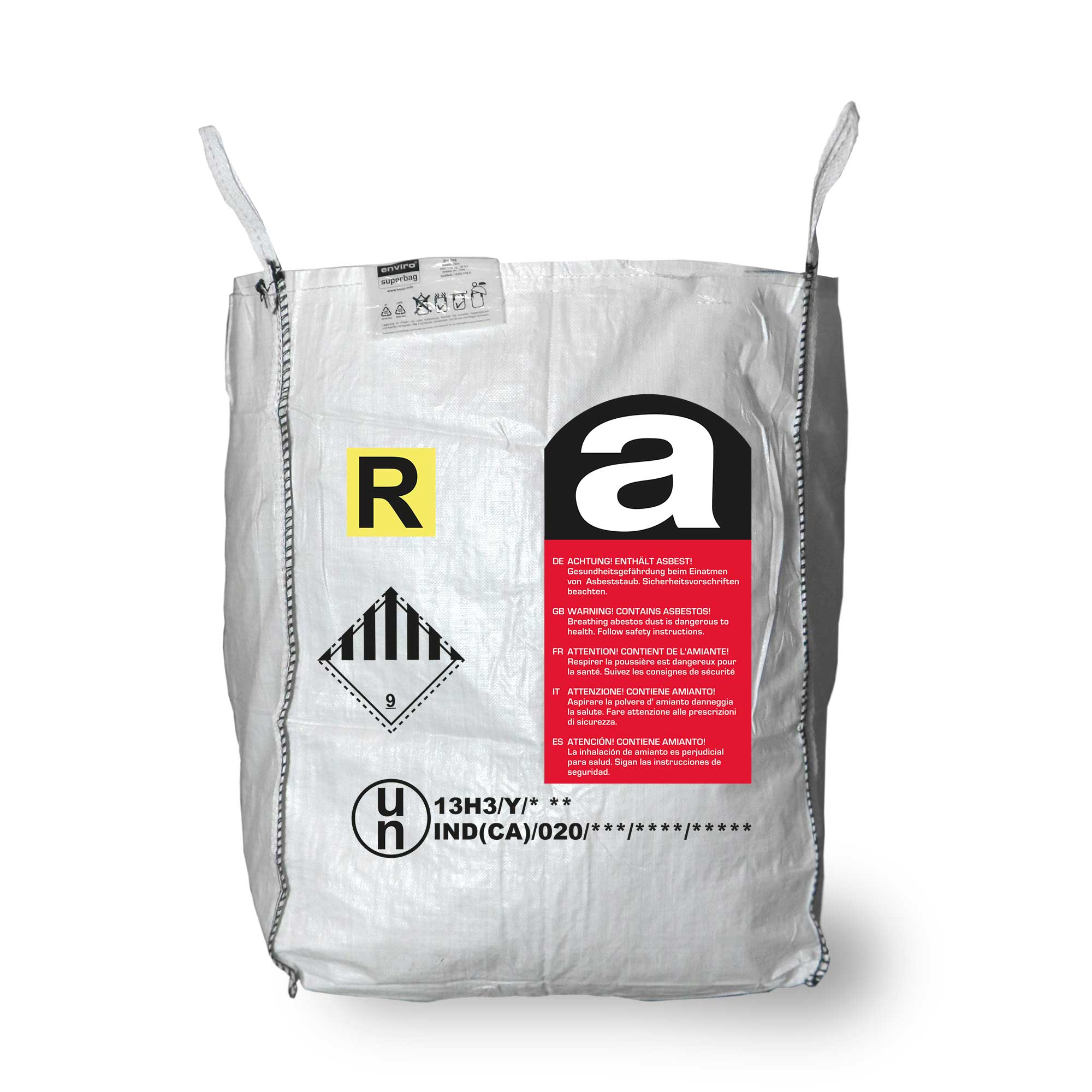 Enviro Superbag Asbest-Big-Bag, weißes PP-Gewebe, UN-zertifiziert, mit rotem Asbestwarnetikett und Gefahrgutzeichen