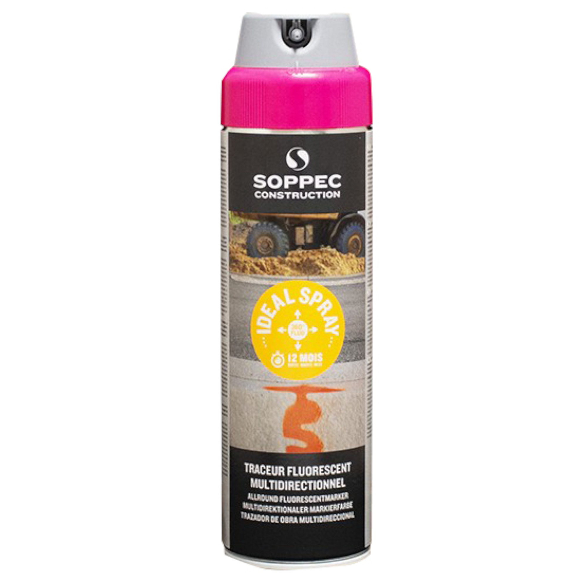 Das Bild zeigt eine Spraydose mit fluoreszierender Farbe von SOPPEC Construction. Die Dose hat einen pinken Deckel und weist auf ihre Verwendung als multidirektionalen Markierer hin. Auf der Dose sind Hinweise zur Haltbarkeit und Anwendung zu sehen.