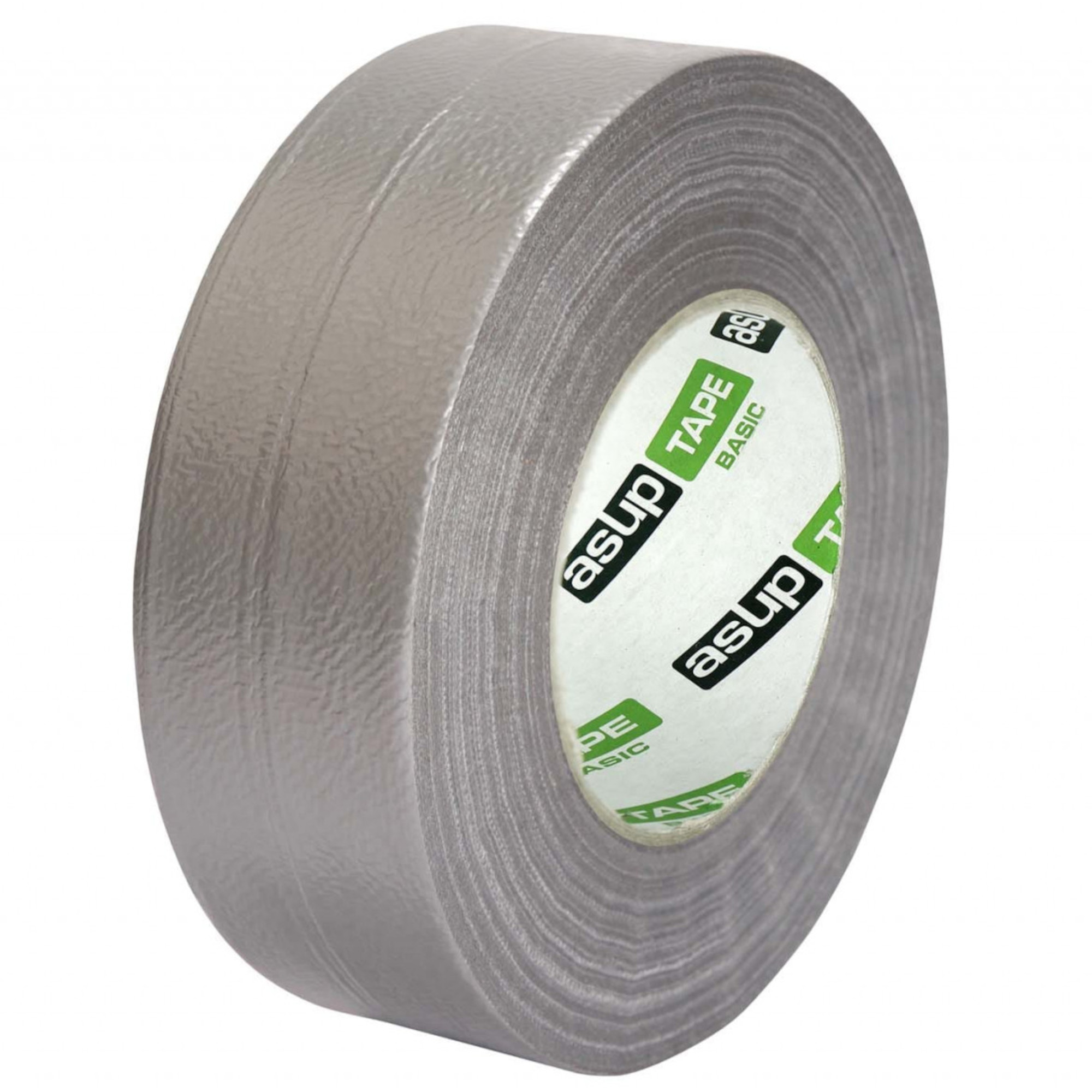 Eine Rolle silbernes Klebeband liegt schräg da. Die Oberfläche ist strukturiert, und auf der Innenseite der Rolle sind schwarze und grüne Marken aufgedruckt. Das Klebeband ist vielseitig einsetzbar für Reparaturen und kreatives Basteln.