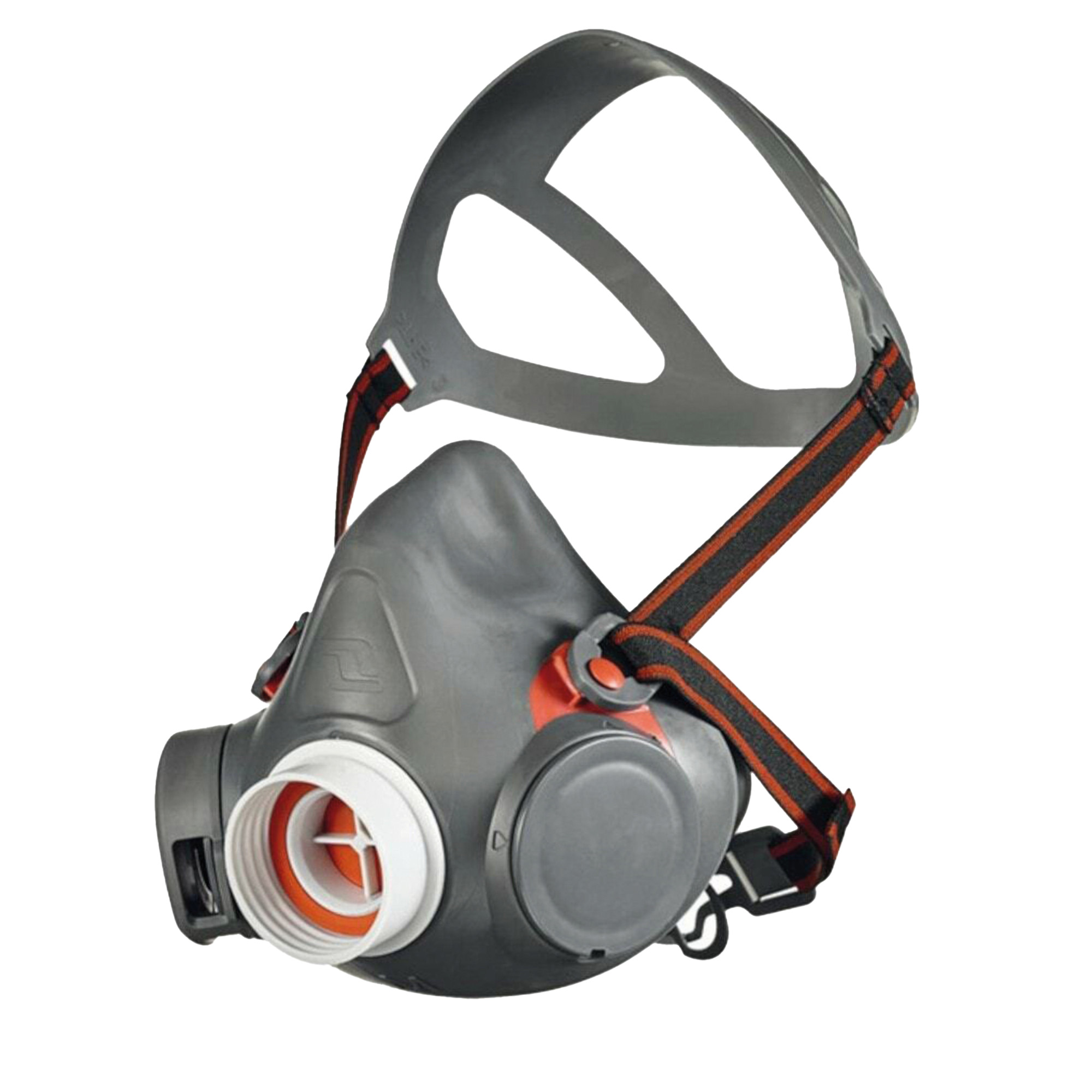 Halbmaske Atemschutz mit Kopfbügel und Filteranschluss, grau-orange
