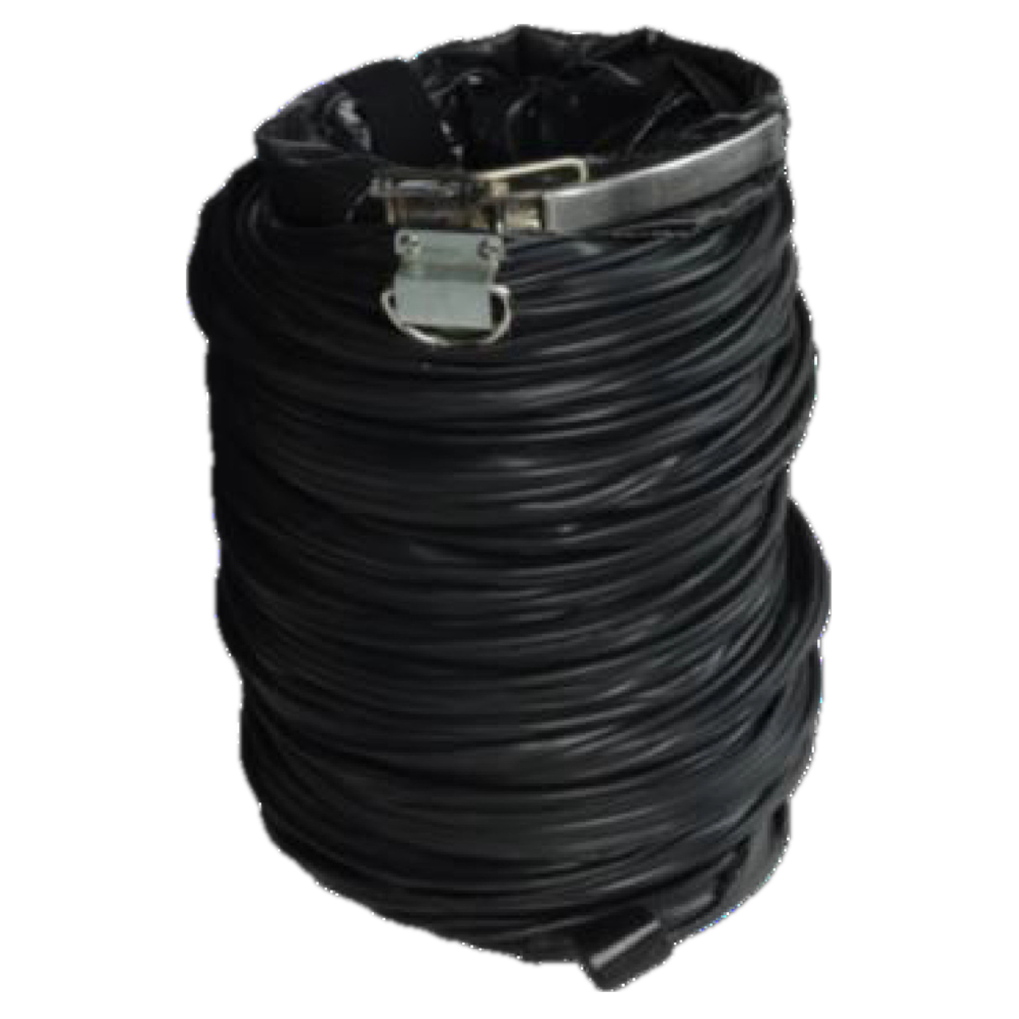 Ein aufgerolltes schwarzes Kabel, fest zusammengewickelt und mit einem Metallverschluss gesichert. Das Kabel ist dick und hat an einem Ende einen gesteckten Stecker. Es sieht robust aus und könnte für elektrische oder mechanische Anwendungen verwendet werden.