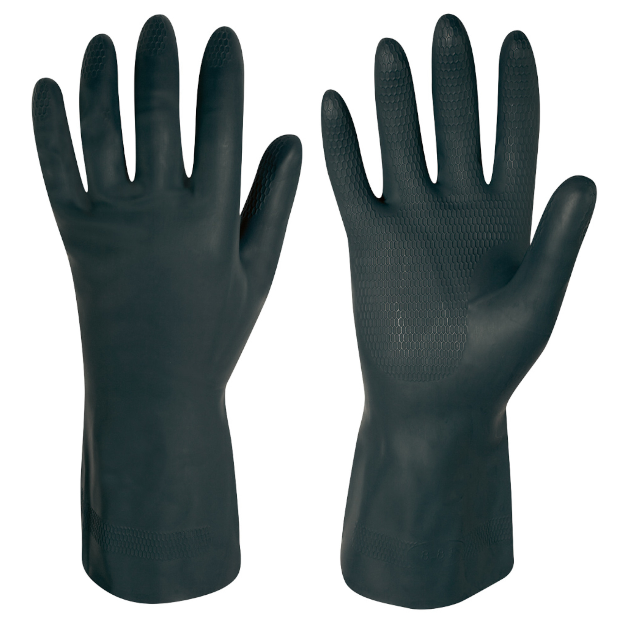 Das Bild zeigt ein Paar schwarzer Gummihandschuhe, die für vielseitige Anwendungen geeignet sind. Die Handschuhe haben eine strukturierte Oberfläche für besseren Halt und sind bis zu den Handgelenken verlängert. Sie sind ideal für Reinigungs- oder Gartenarbeiten.