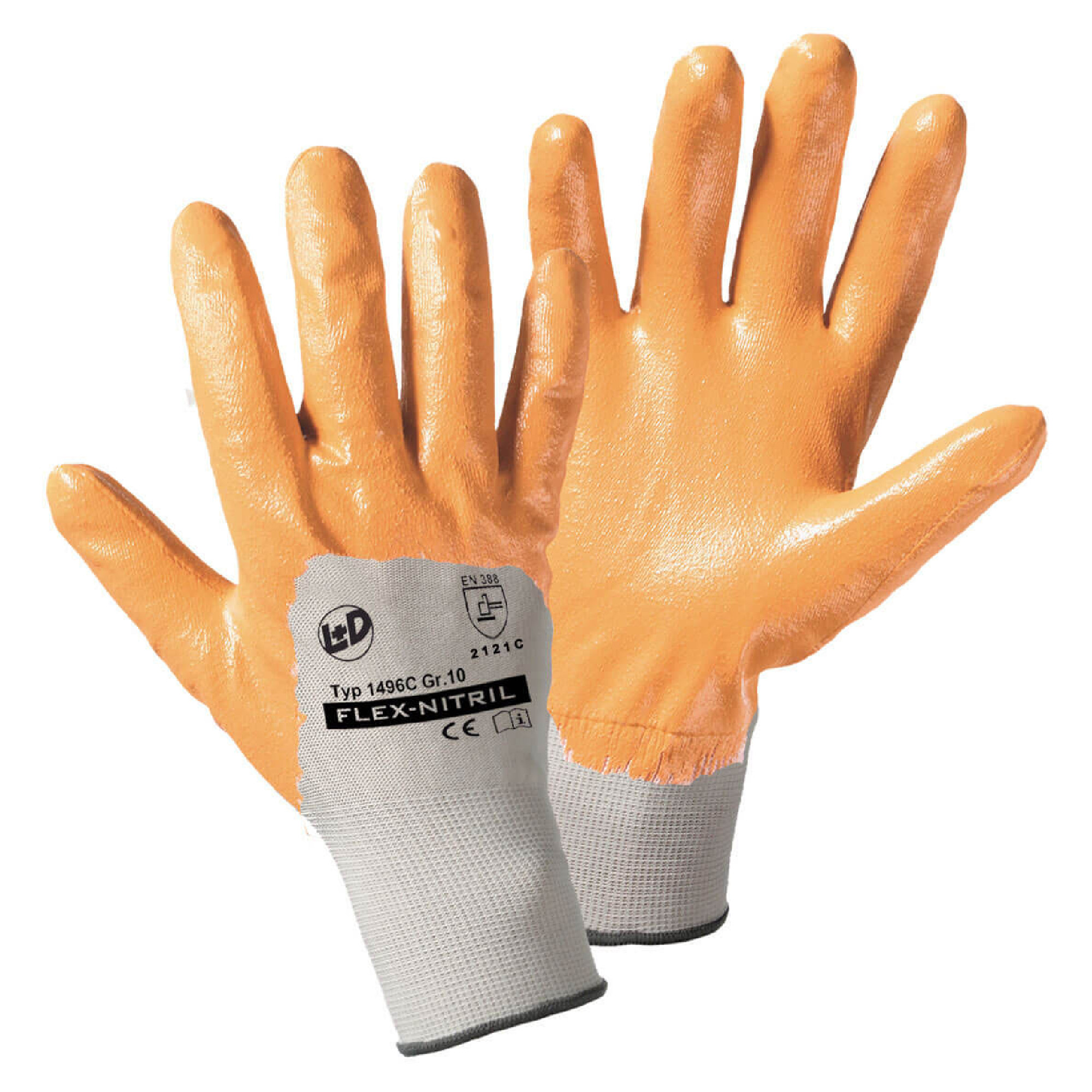 Zwei orangefarbene Arbeitshandschuhe mit einer grauen Manschette sind abgebildet. Die Handschuhe sind aus Nitril gefertigt und weisen ein flexibles Design auf. Auf der Manschette sind das Modell „Flex-Nitril“ und verschiedene Sicherheitszeichen zu sehen.
