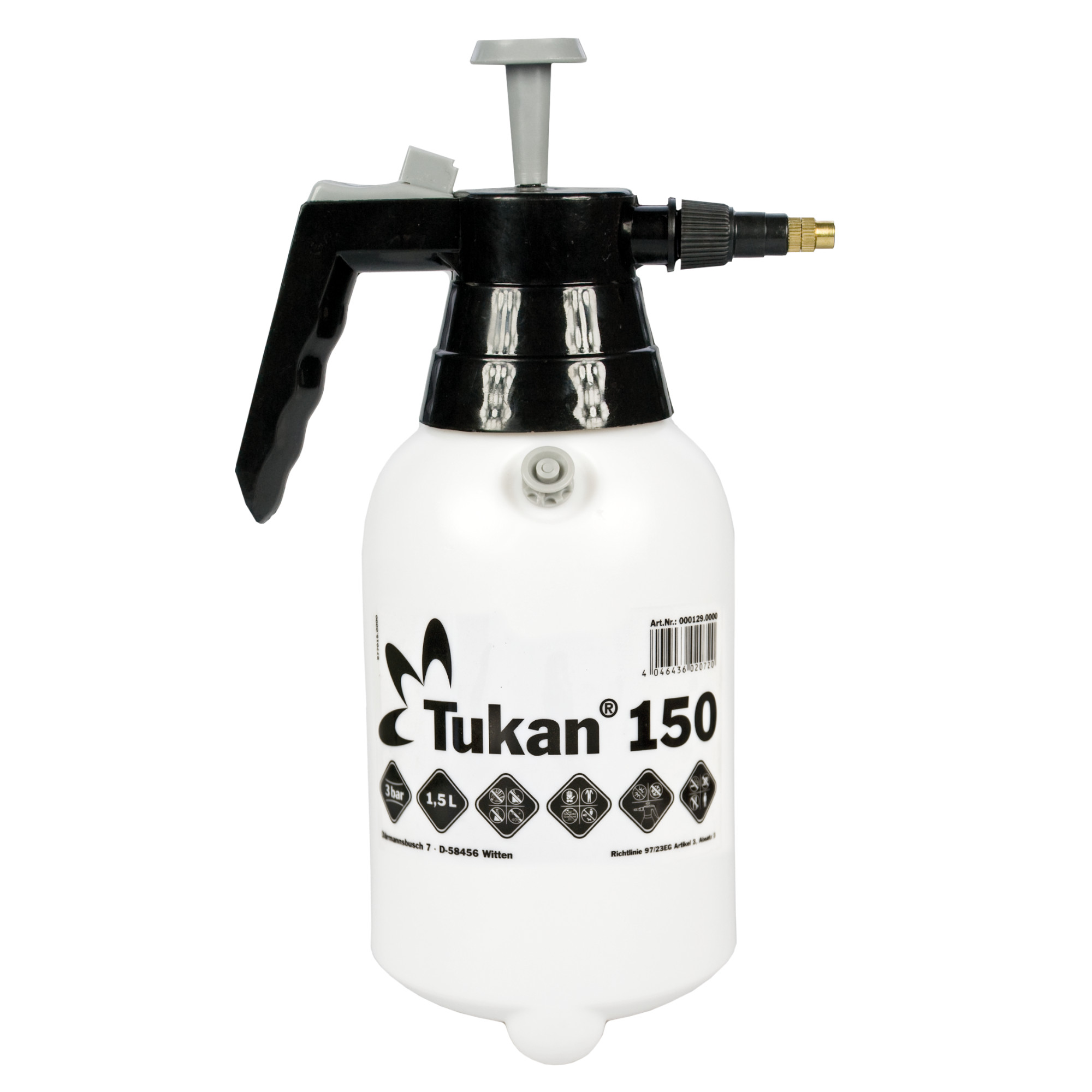 Ein Drucksprühgerät mit weißem Behälter und schwarzer Pumpe. Es trägt die Marke "Tukan" und die Modellnummer "150". Der Behälter hat eine Kapazität von 1,5 Litern und ist für verschiedene Anwendungen geeignet. Die Sprühdüse ermöglicht eine gezielte Anwendung von Flüssigkeiten.
