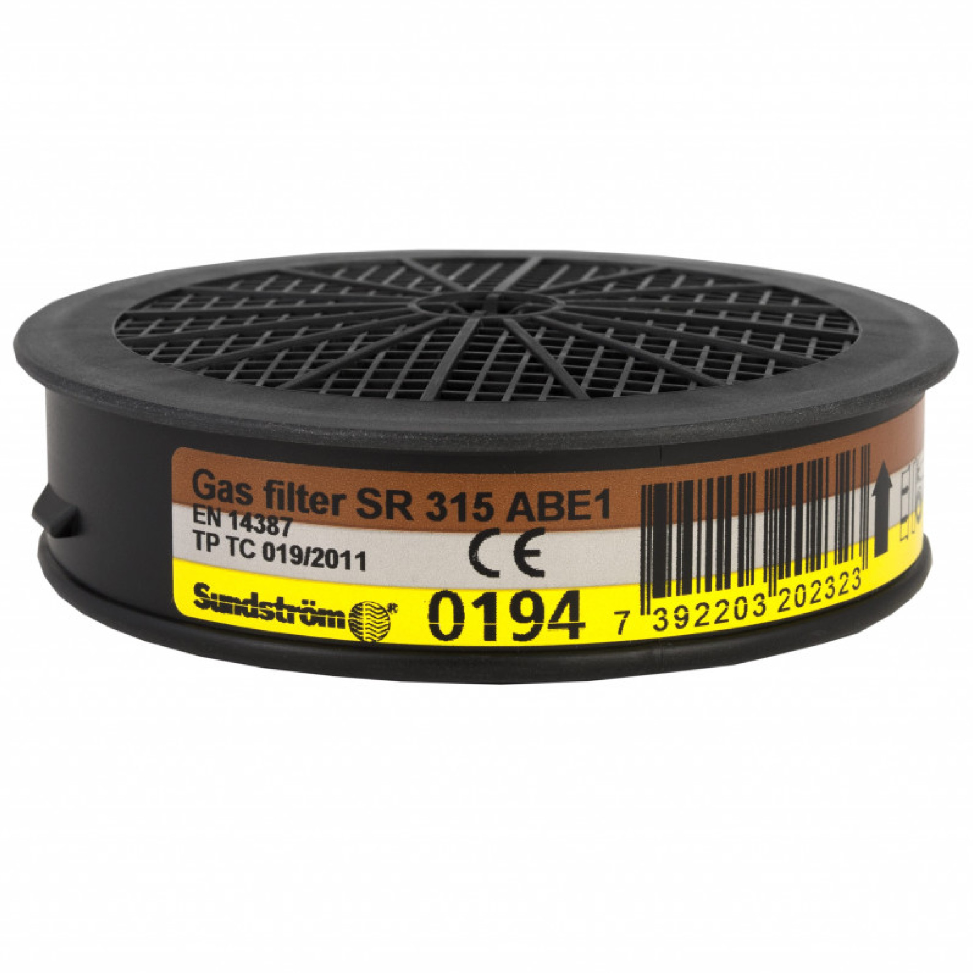 Sundström Gasfilter SR 315 ABE1, rund, schwarz mit braunem Etikett, CE-zertifiziert nach EN 14387