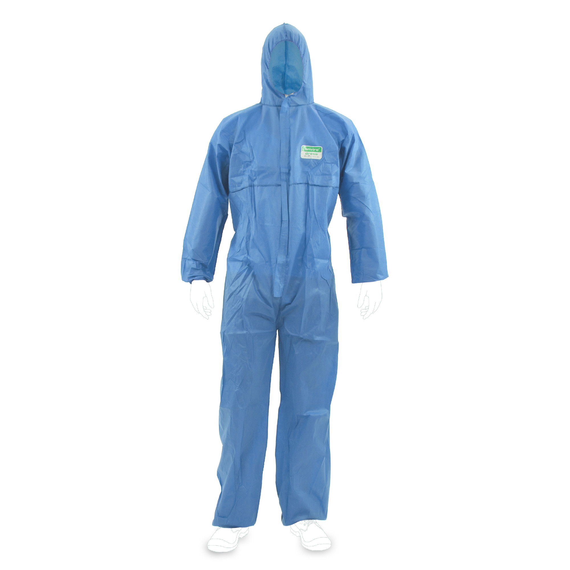 Ein blauer Schutzanzug mit Kapuze steht auf einem weißen Hintergrund. Der Anzug ist langärmlig und deckt den gesamten Körper ab. Er wird häufig in Schutz- oder Hygienesituationen getragen.