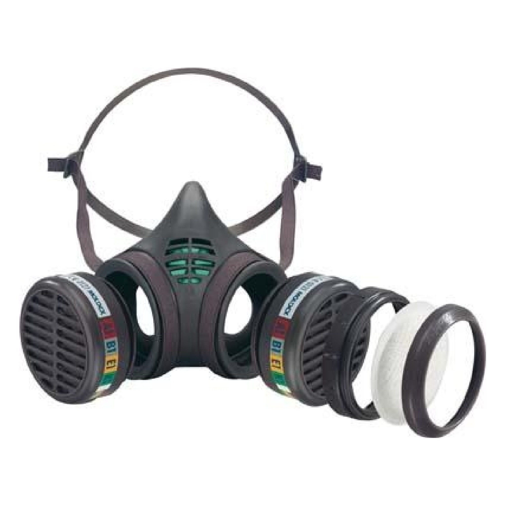 Eine doppelte Atemschutzmaske mit zwei Filterelementen, die seitlich angebracht sind. Die Maske hat ein schwarzes Design mit grünen Belüftungsschlitzen und elastischen Halteriemen. Neben der Maske sind weitere Filterringe sichtbar, die für unterschiedliche Anwendungen genutzt werden können.