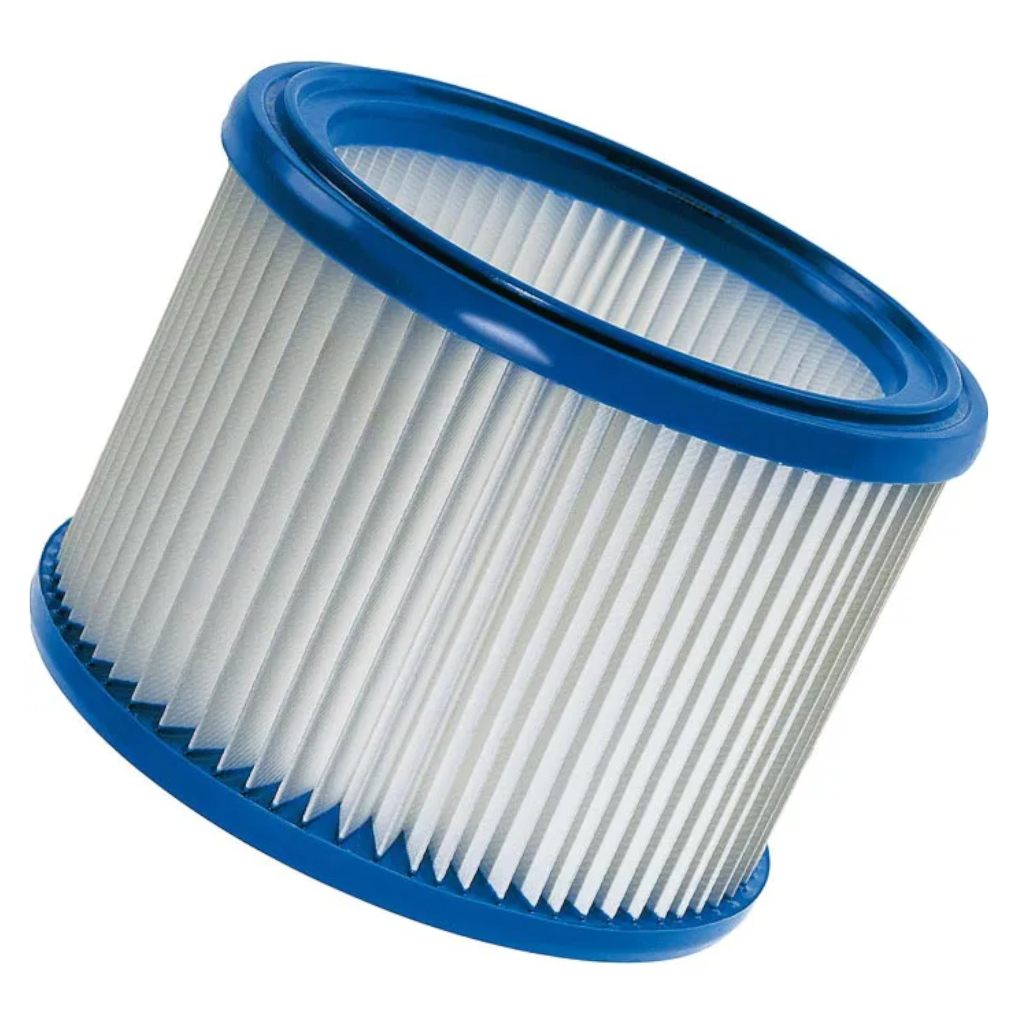 Ein Luftfilter mit blauer Umrandung und gefalteter Filterschicht aus weißem Material. Der Filter hat eine zylindrische Form und dient zur Reinigung von Luft in Fahrzeugen oder Maschinen.