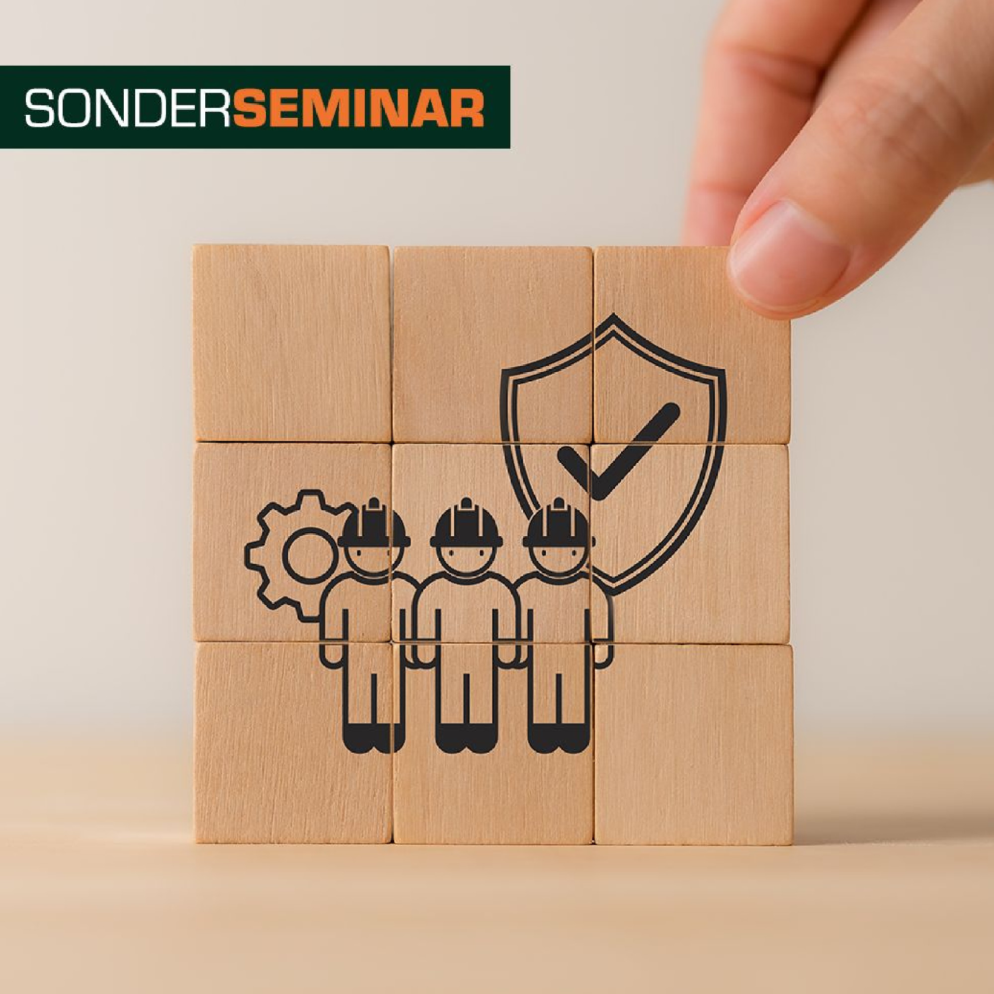 Ein gestapelter Würfel mit Symbolen, die drei Personen in Schutzhelmen und ein Zahnrad zeigen, vor einem Schild mit Häkchen. Darüber steht der Text "SONDERSEMINAR". Die Darstellung betont Themen wie Sicherheit und Teamarbeit in einem beruflichen Kontext.