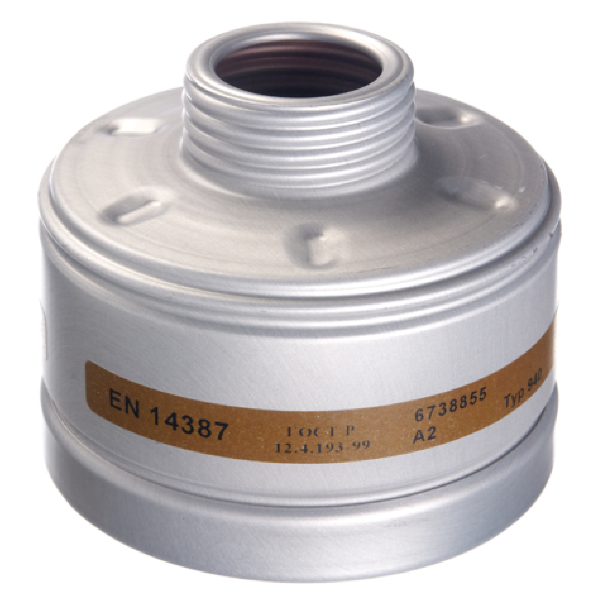 Silberner Atemschutz-Rundgewindefilter A2, Aluminium, EN 14387, mit braunem Etikett und Gewindeanschluss