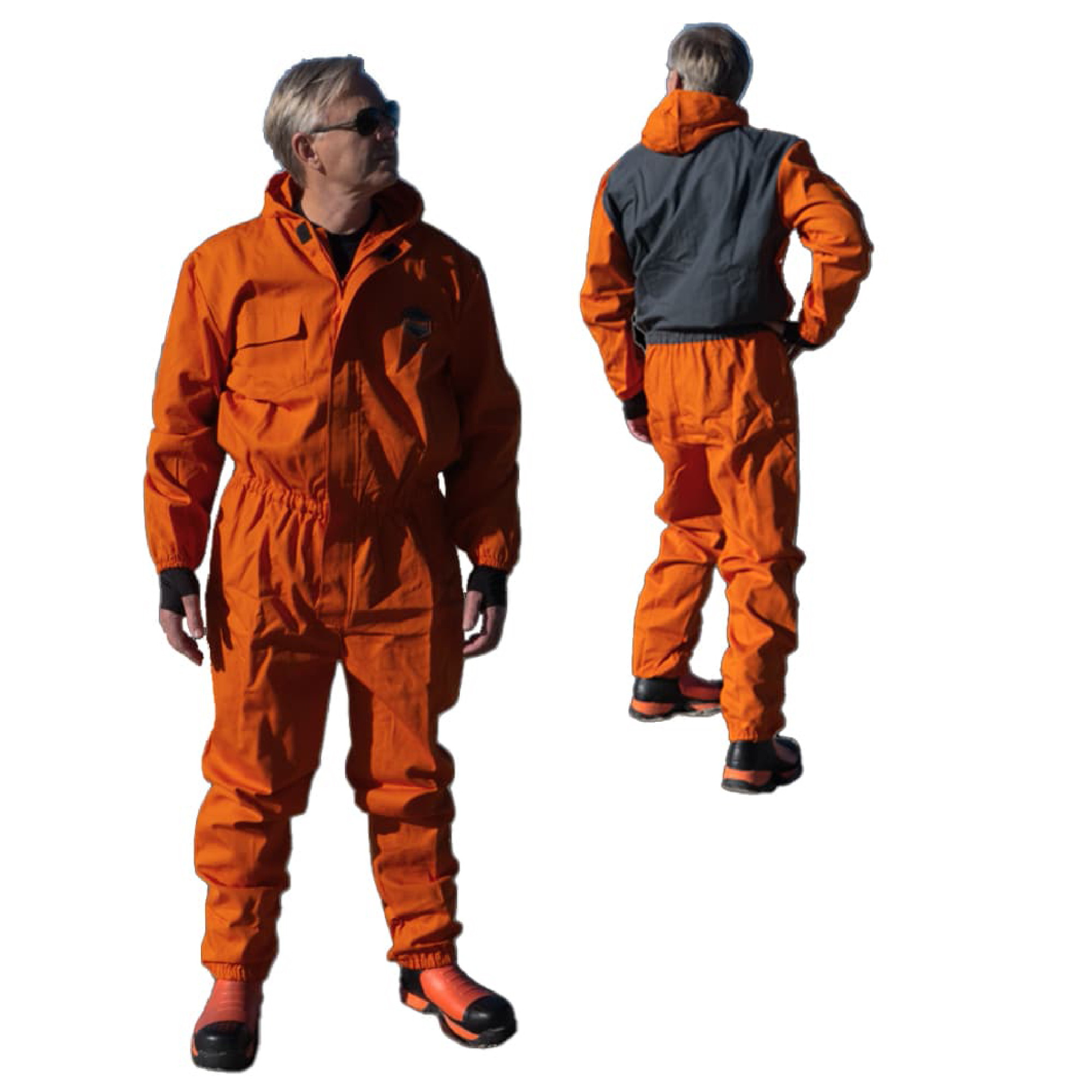 Orangefarbener Arbeitsschutzanzug mit Kapuze in Vorder- und Rückansicht, freigestellt auf weißem Hintergrund.