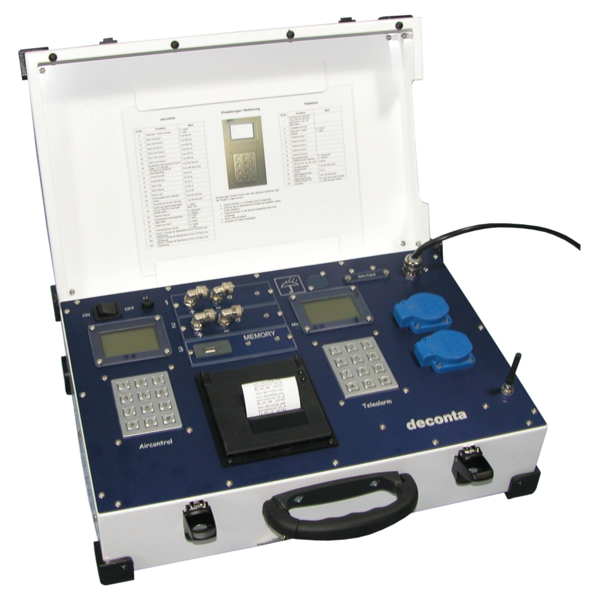 Deconta Aircontrol S3 Steuergerät-Koffer, geöffnet, mit zwei Tastaturen und Drucker