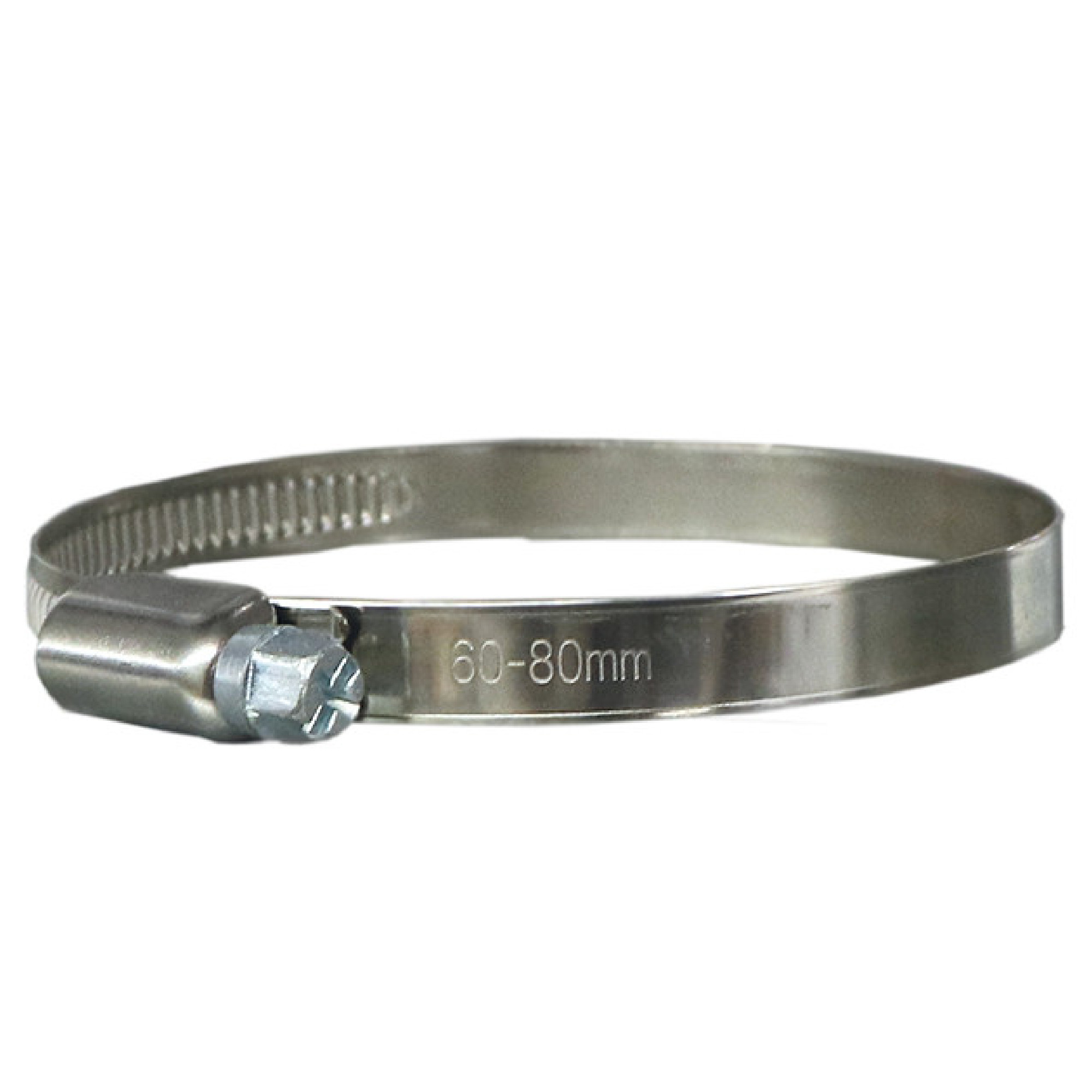 Edelstahl-Schlauchschelle mit einem Durchmesser von 60 bis 80 mm. Die Schelle hat eine Glanzoberfläche und einen Schraubmechanismus zur sicheren Befestigung von Schläuchen. Ideal für Anwendungen in der Sanitär- oder Automobiltechnik.