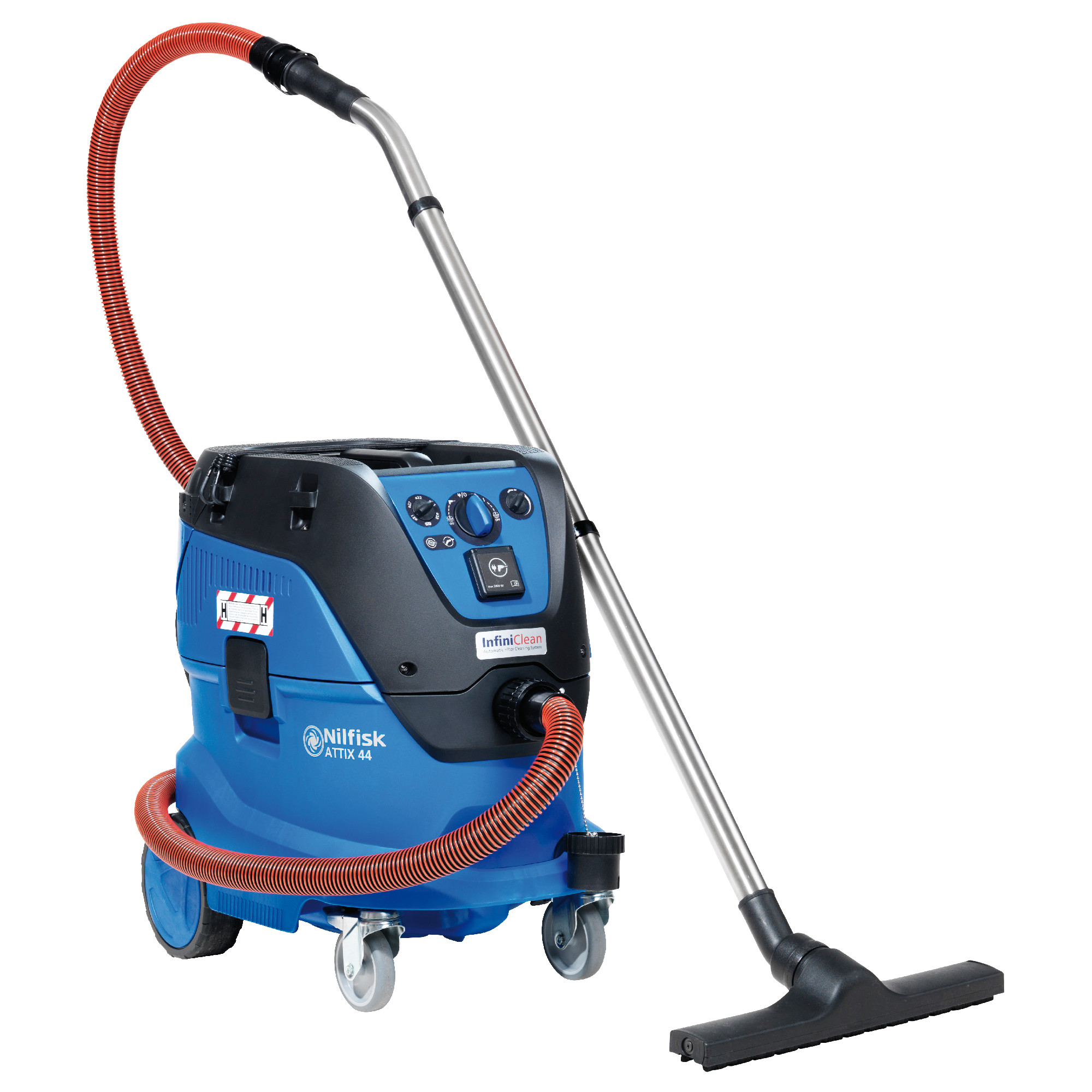 Ein blauer Industrie-Staubsauger mit einem langen Metallrohr und einem flexiblen Schlauch. Der Staubsauger hat mehrere Bedienknöpfe und Rollen für die einfache Bewegung. Er ist für professionelle Reinigungsarbeiten konzipiert.