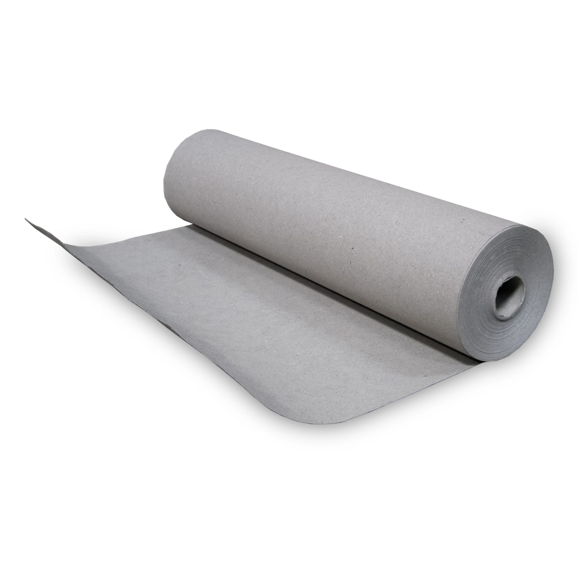 Eine Rolle graues Papier liegt auf einer Oberfläche. Ein Teil des Papiers ist abgewickelt und zeigt eine glatte, einfarbige Oberfläche. Die Rolle hat einen zentralen Lochkern und ist in einem neutralen, natürlichen Farbton gehalten.