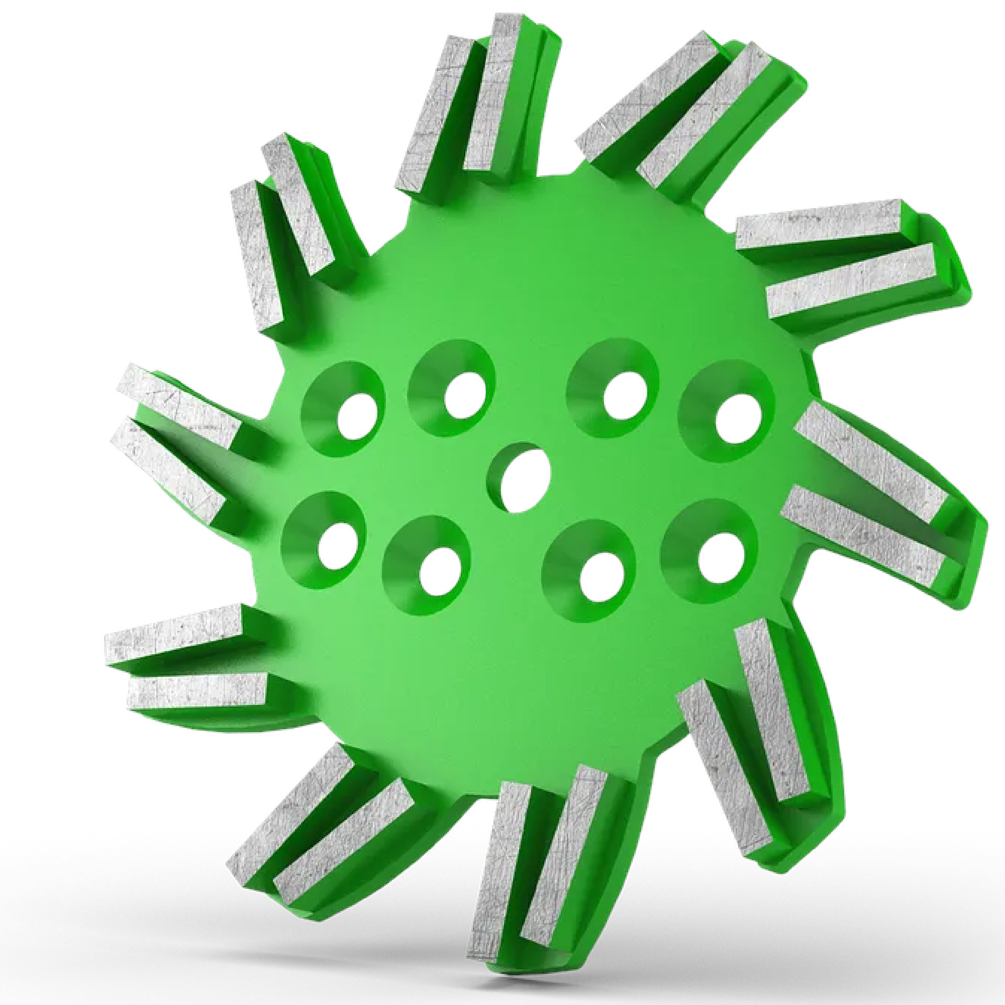 Eine grüne, scheibenförmige Figur mit mehreren Ausstülpungen und kleinen Löchern, die wie eine stilisierte Darstellung eines Viruses aussieht. Die äußeren Kanten sind mit silbernen Elementen versehen, die einen metallischen Glanz haben.