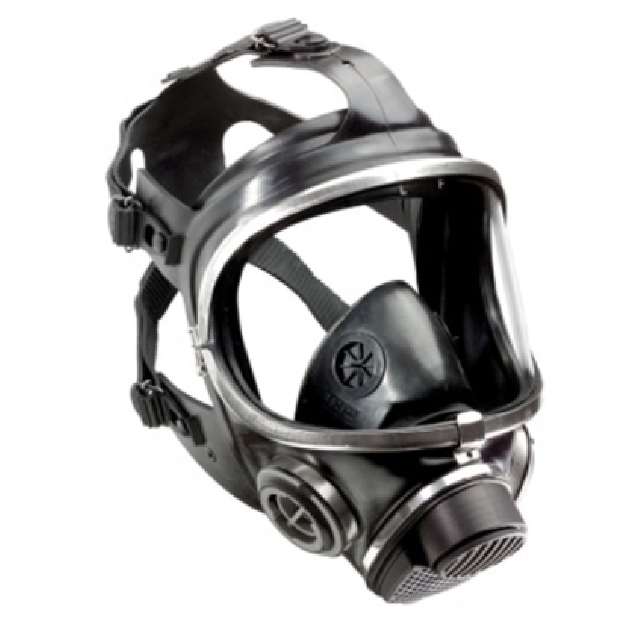 Eine schwarze Atemschutzmaske mit klarem Sichtfenster und verstellbaren Riemen. Die Maske ist so gestaltet, dass sie das Gesicht vollständig abdeckt, und verfügt über einen Filter in der Mitte. Ideal zum Schutz in gefährlichen Umgebungen oder bei Chemikalien.