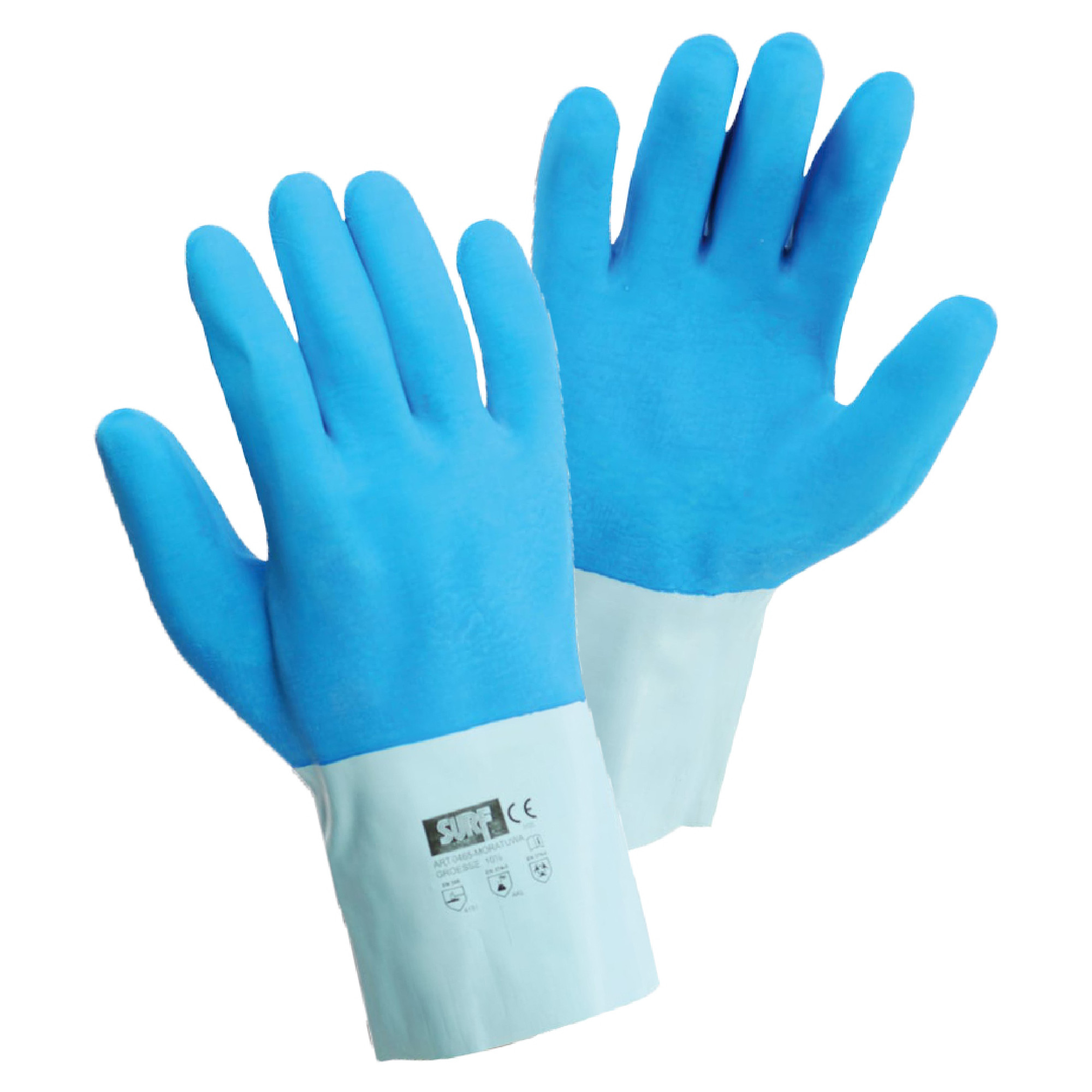 Zwei blaue Gummihandschuhe liegen nebeneinander. Die Handschuhe haben einen langen, weißen Rand, der zum Schutz des Handgelenks dient. Sie sind für den Einsatz in feuchten oder schmutzigen Umgebungen konzipiert und bieten Schutz und Griffigkeit.