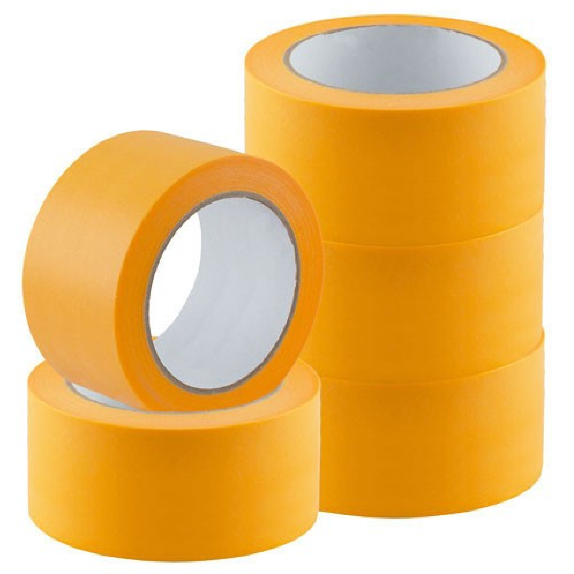 Eine Stapelung von fünf Rollen gelbem Klebeband ist zu sehen. Das Klebeband hat einen weißen Innenring und eine matte Oberfläche. Einige Rollen liegen auf der Seite, während andere aufrecht stehen.