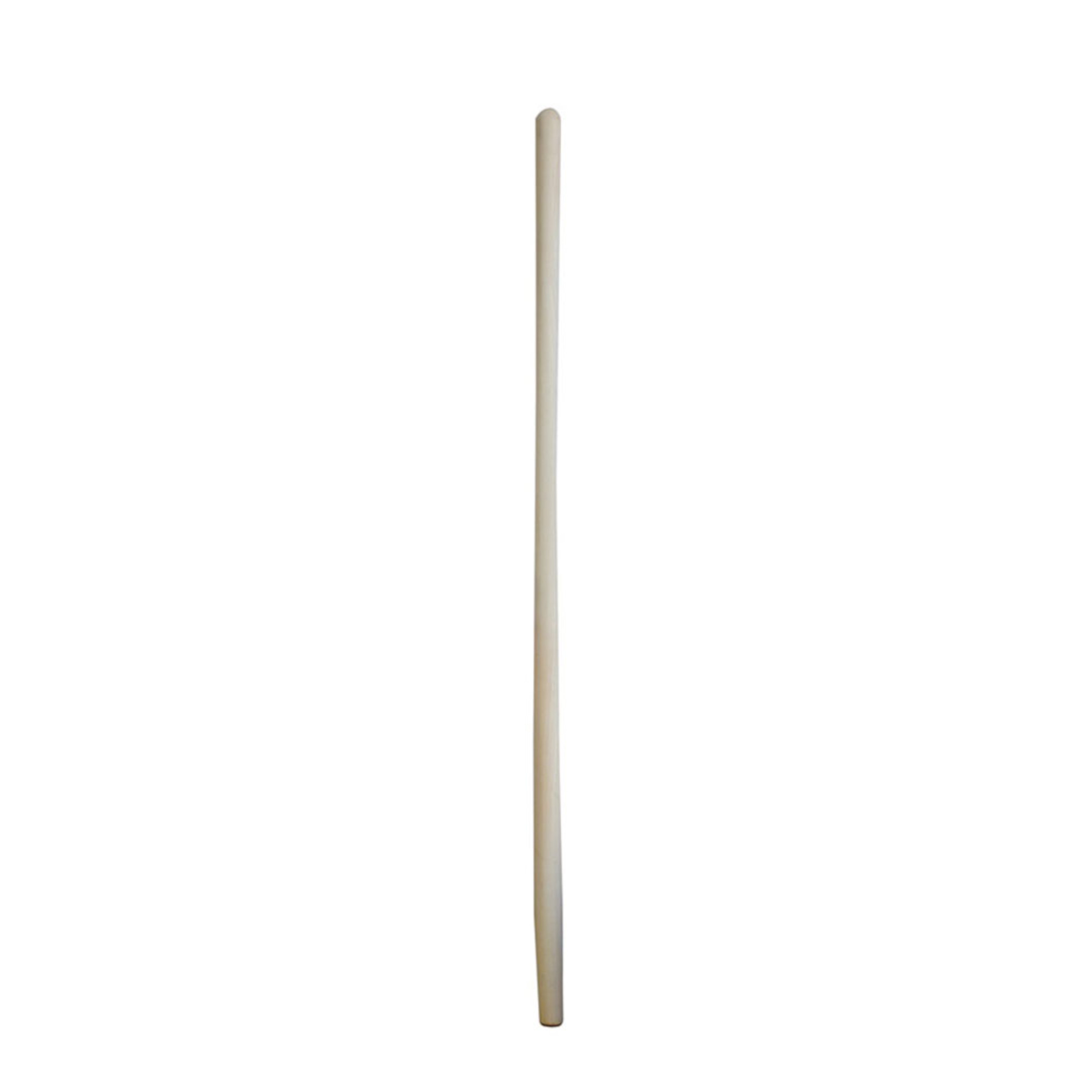 Ein länglicher, schlanker Holzstock steht senkrecht vor einem weißen Hintergrund. Der Stock hat eine gleichmäßige, glatte Oberfläche und endet in einer leicht abgerundeten Spitze.