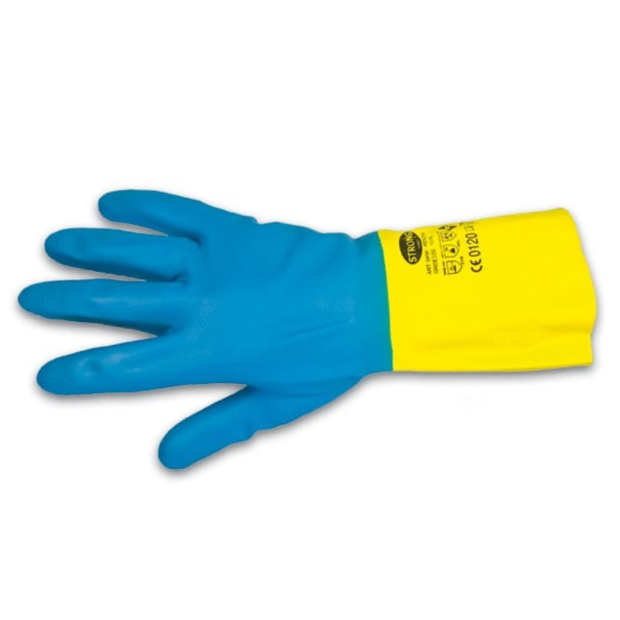 Ein blauer Gummihandschuh mit gelbem Rand liegt flach auf einer weißen Oberfläche. Der Handschuh ist für Reinigungs- oder Schutzzwecke konzipiert und hat ein strukturiertes Muster in der Handinnenfläche.