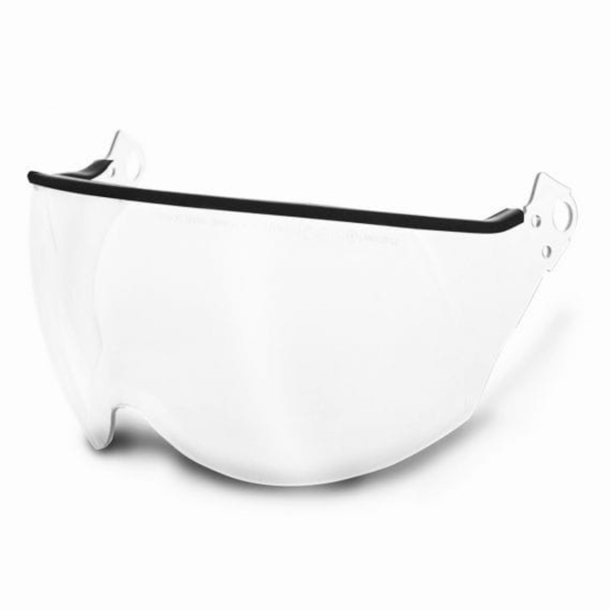Eine durchsichtige Schutzbrille mit einem schwarzen Rand oben. Die Brille ist so gestaltet, dass sie das gesamte Gesichtsschutz bietet, ideal für Sicherheits- oder Arbeitsanwendungen.