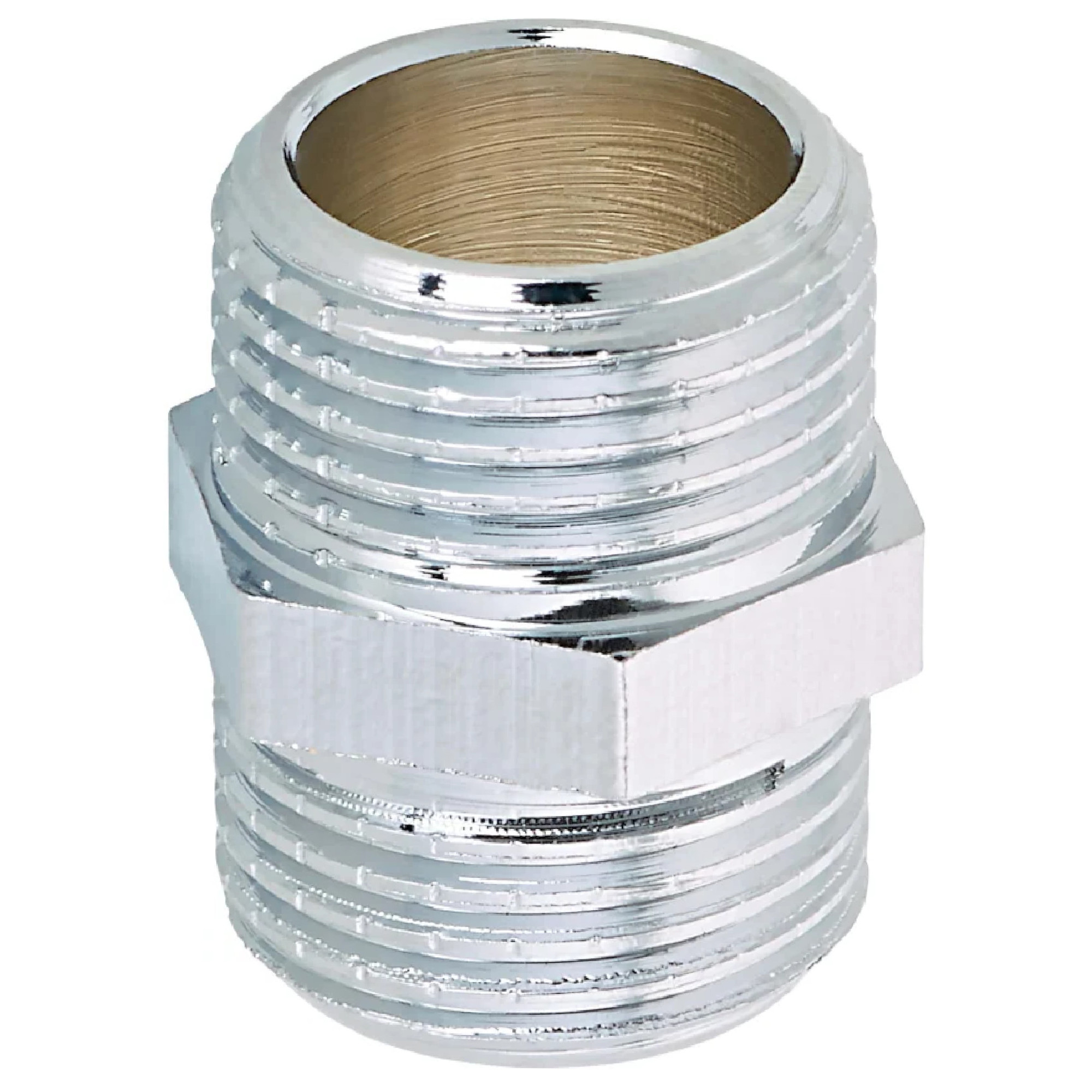 Ein metallisches Rohrstück mit Innen- und Außengewinde. Die Oberfläche ist verchromt und glänzend. Es hat eine zylindrische Form mit Rillen für einen sicheren Anschluß. Ein flacher, sechseckiger Bereich ist an einer Seite vorhanden, um das Anziehen zu erleichtern.