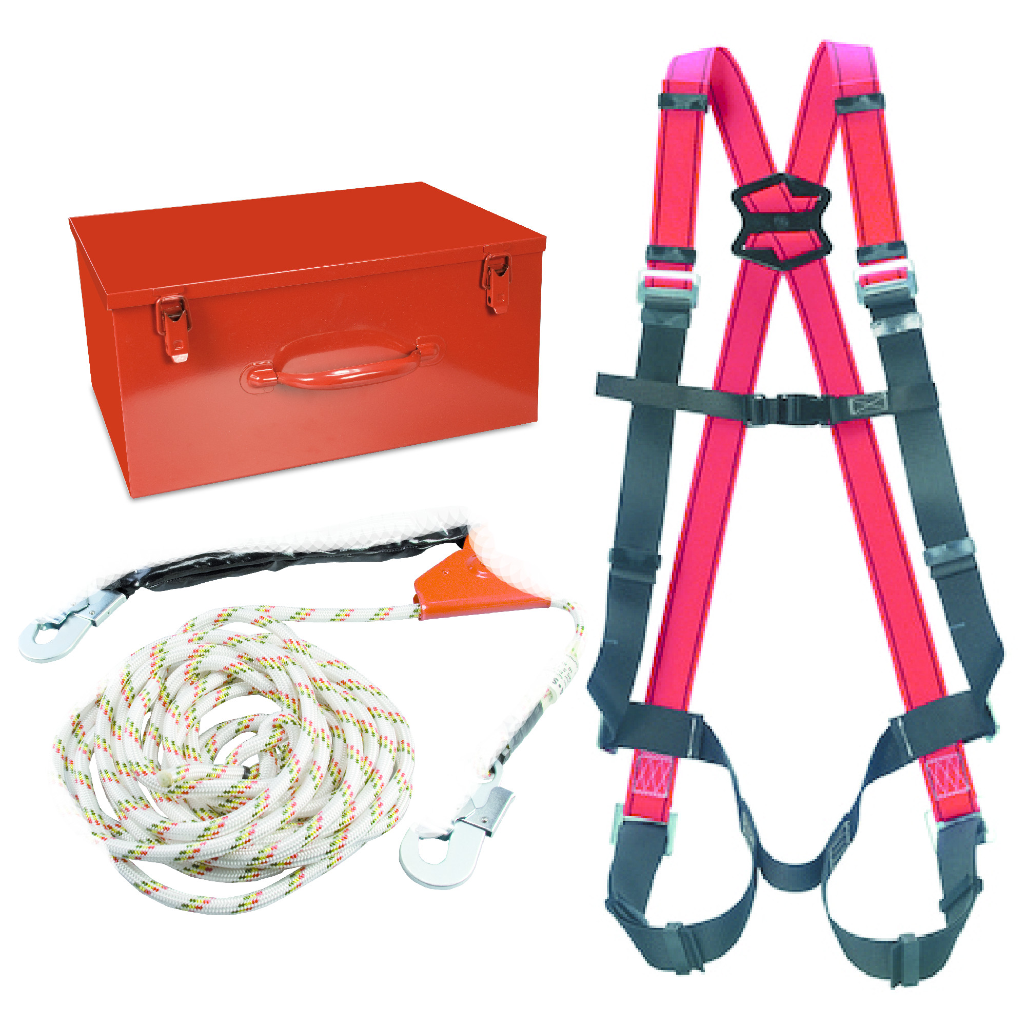 Das Bild zeigt eine rote Werkzeugbox, ein Sicherheitsgeschirr in Schwarz und Pink sowie ein Sicherungsseil mit Karabinerhaken. Diese Ausrüstung wird häufig im Bereich der Sicherheits- und Klettertechnik eingesetzt.