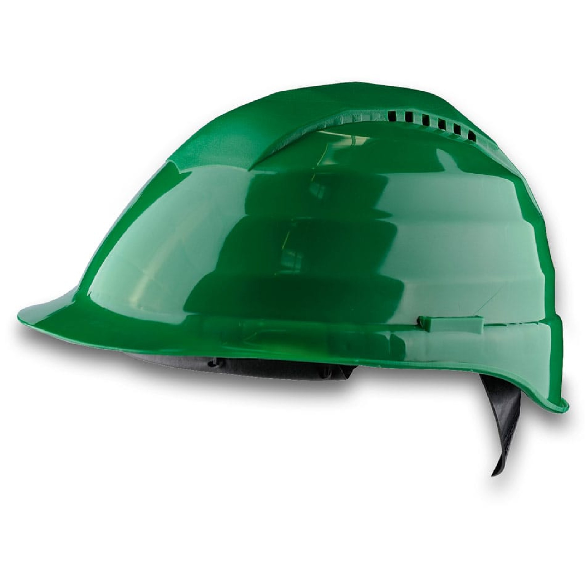 Ein grüner Sicherheitshelm, seitlich dargestellt. Der Helm hat eine glatte Oberfläche und ist für den Schutz bei Bau- oder Industrietätigkeiten konzipiert.