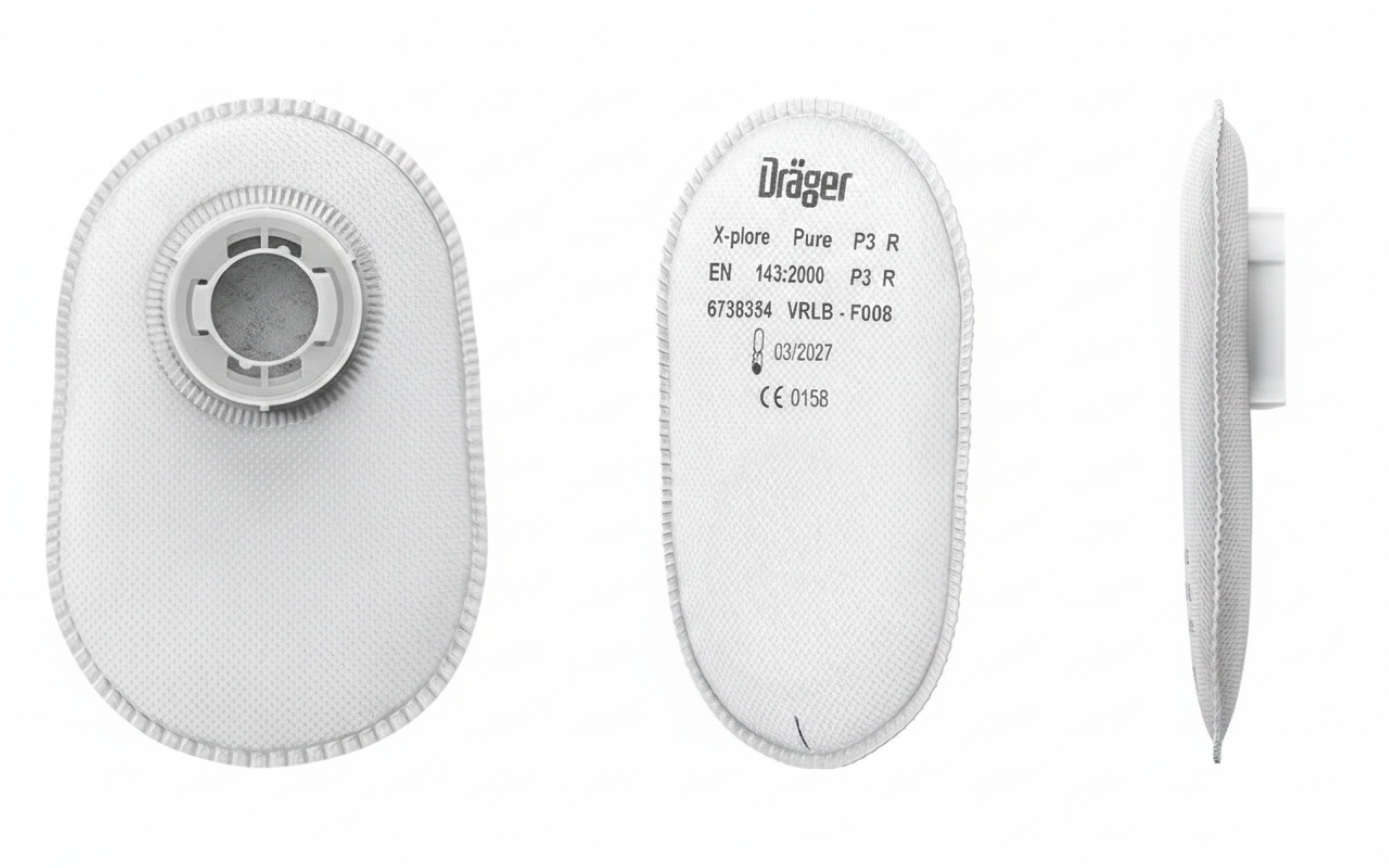 Dräger X-plore Pure P3 R Partikelfilter in Weiß, ovale Form, in drei Ansichten: Rückseite mit Bajonettanschluss, Vorderseite mit Beschriftung und Seitenansicht, freigestellt auf weißem Hintergrund.