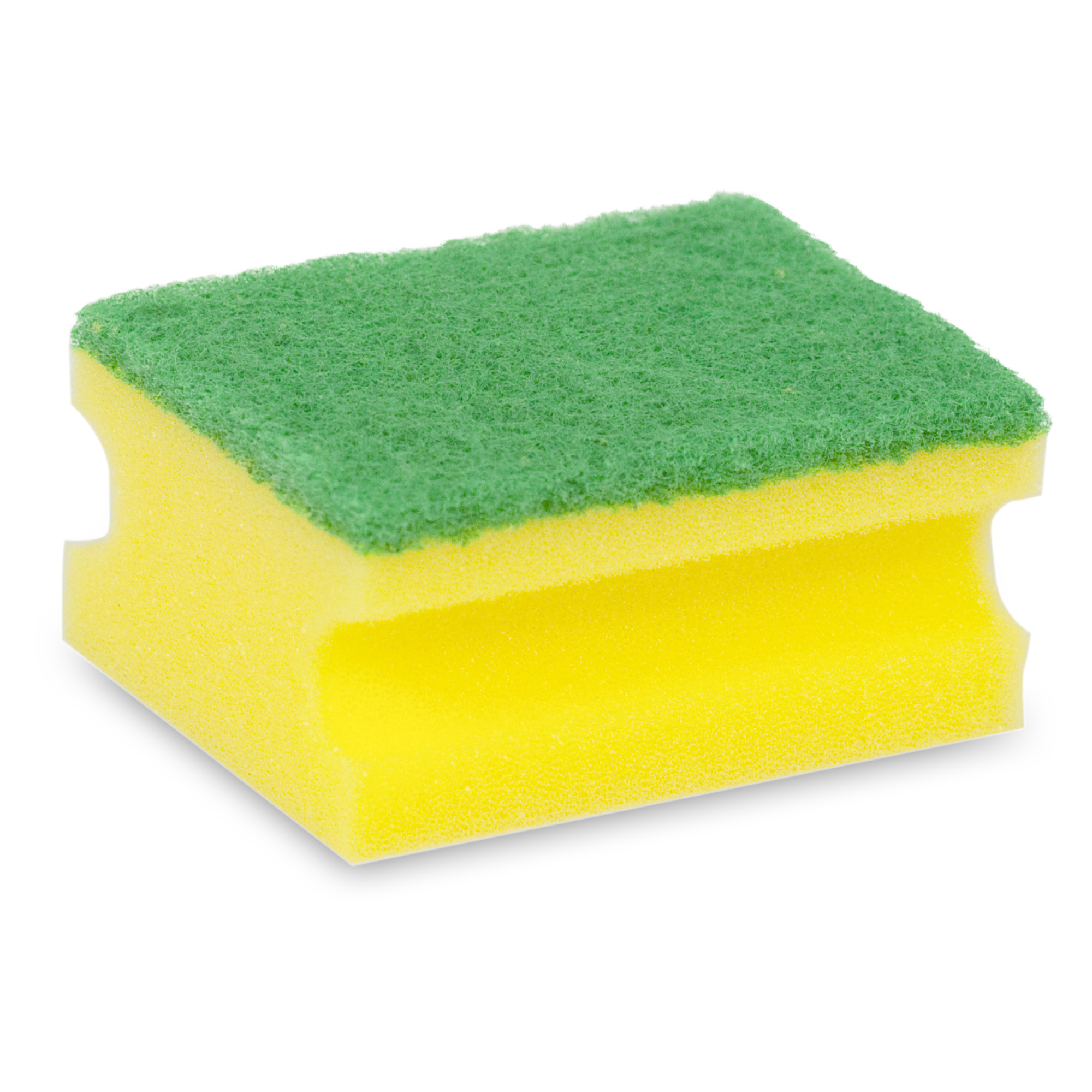 Ein Reinigungsschwamm mit einer grünen, scheuernden Oberseite und einer gelben, weichen Unterseite. Der Schwamm hat eine rechteckige Form und ist für die effektive Reinigung von Oberflächen konzipiert.
