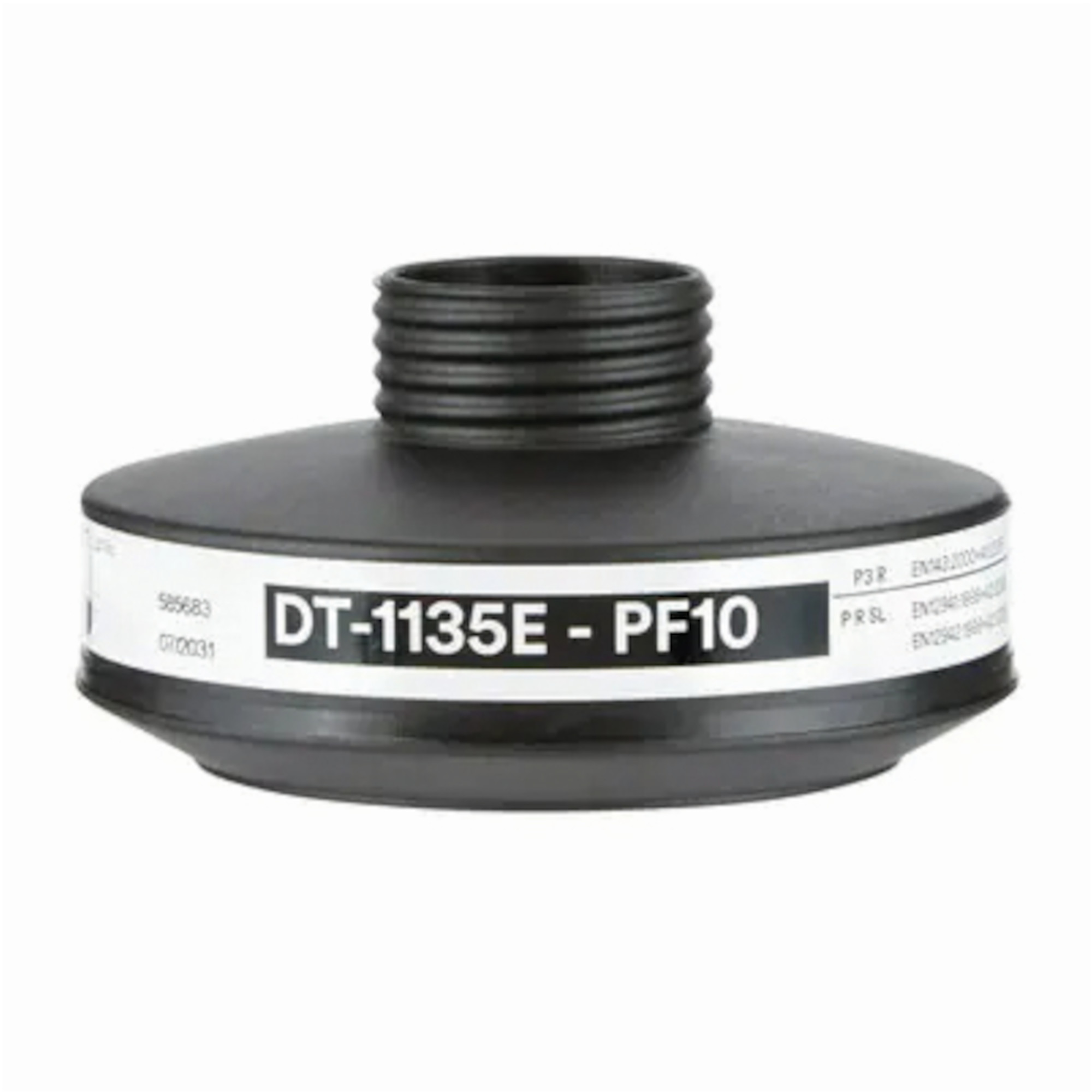 Schwarzer Atemschutz-Partikelfilter DT-1135E PF10 P3 R mit Rundgewindeanschluss und weißem Etikett