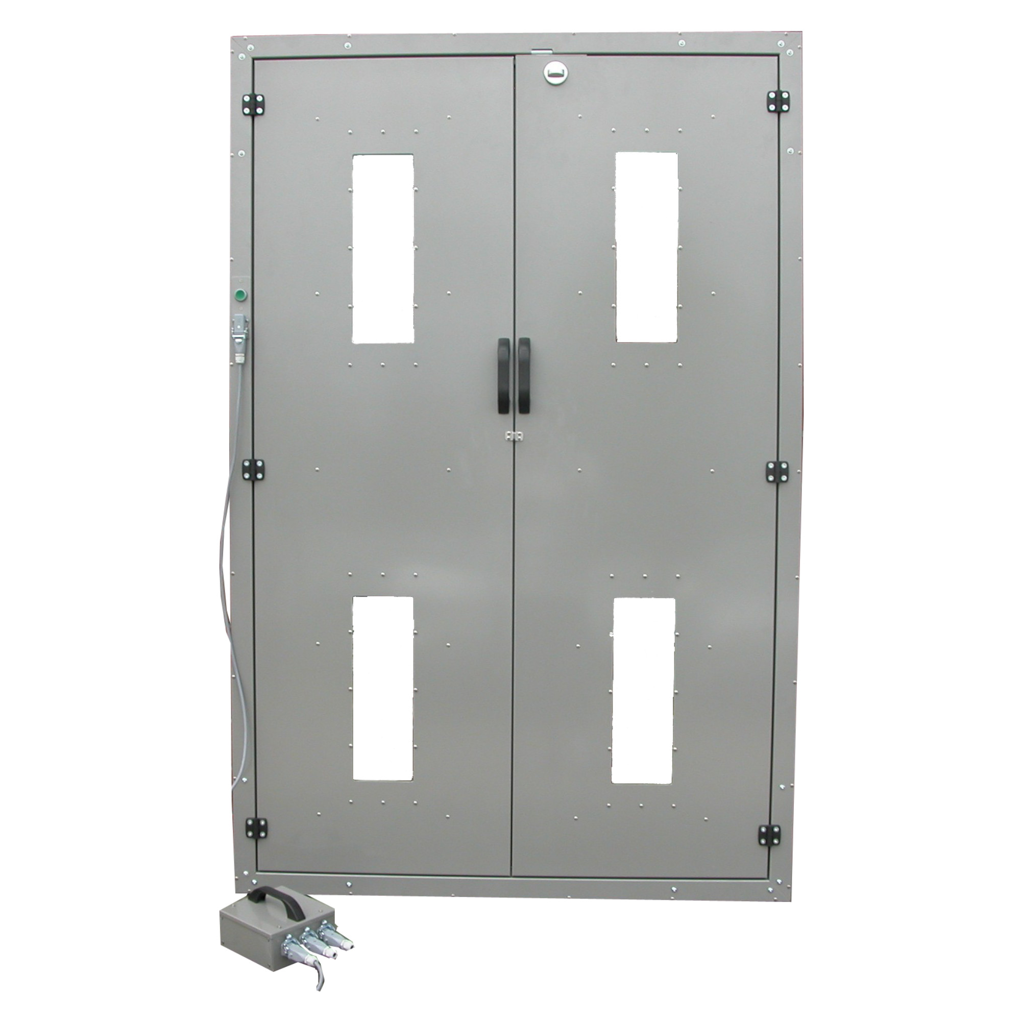 Materialschleuse aus Stahl mit Sichtfenstern und Pneumatiksteuerung, Metall-Schrank, Doppeltür-Schrank, Industrieschrank, Fußpedal, Grau