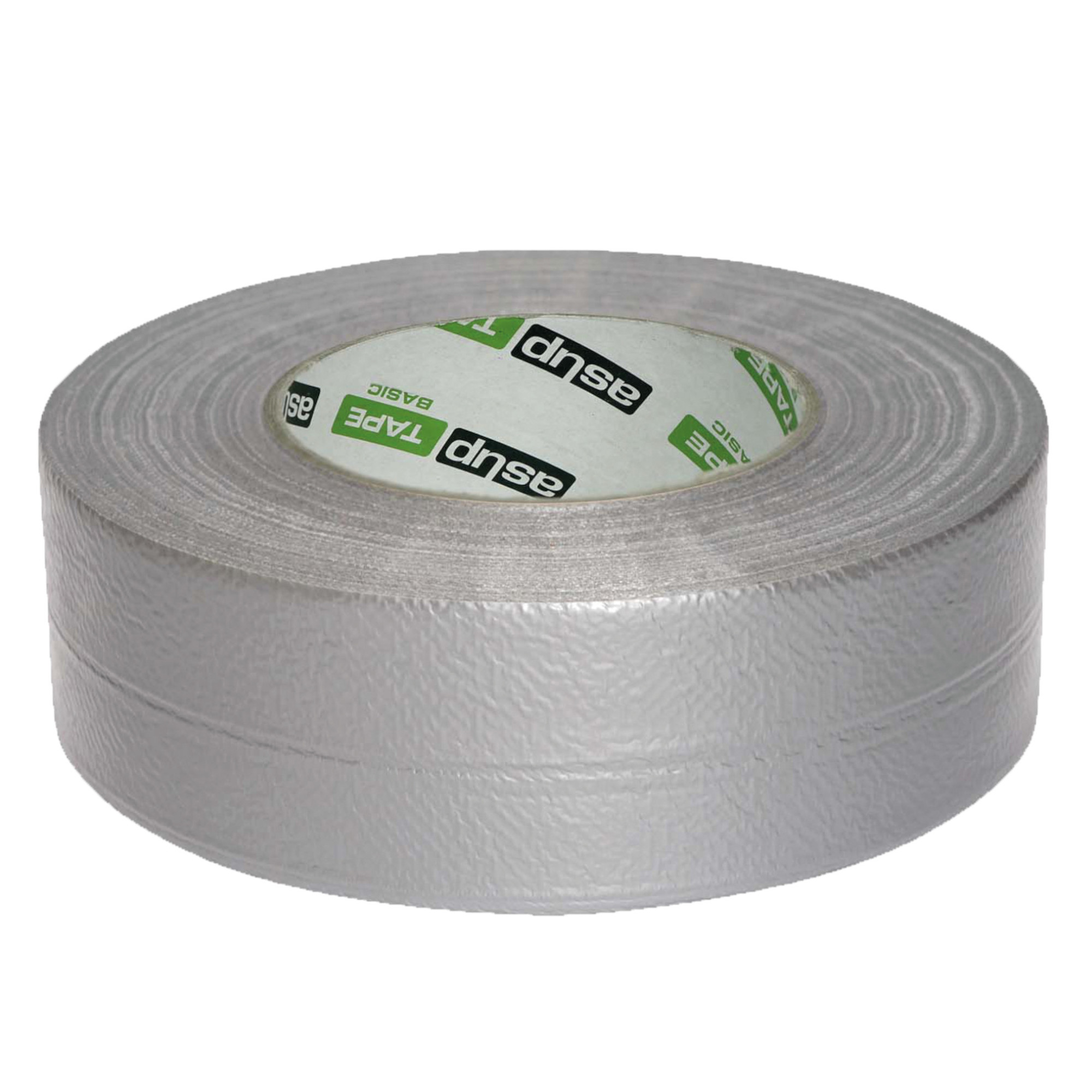 Ein Rollenklebeband in Silber, auf einer glatten Oberfläche platziert. Die innere Seite der Rolle zeigt das Logo des Herstellers. Das Band hat eine strukturierte Oberfläche und wird häufig für Reparaturen oder Bastelarbeiten verwendet.