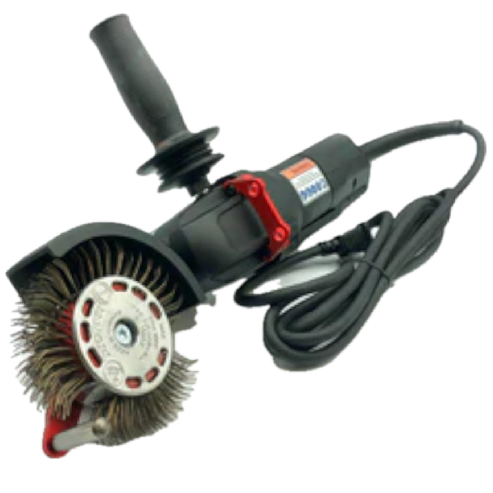 Das Bild zeigt eine elektrische Schleifmaschine mit einem Bürstenaufsatz. Der Griff ist ergonomisch geformt und die Maschine hat ein Kabel für die Stromversorgung. Sie eignet sich zum Schleifen und Bearbeiten von Materialien.